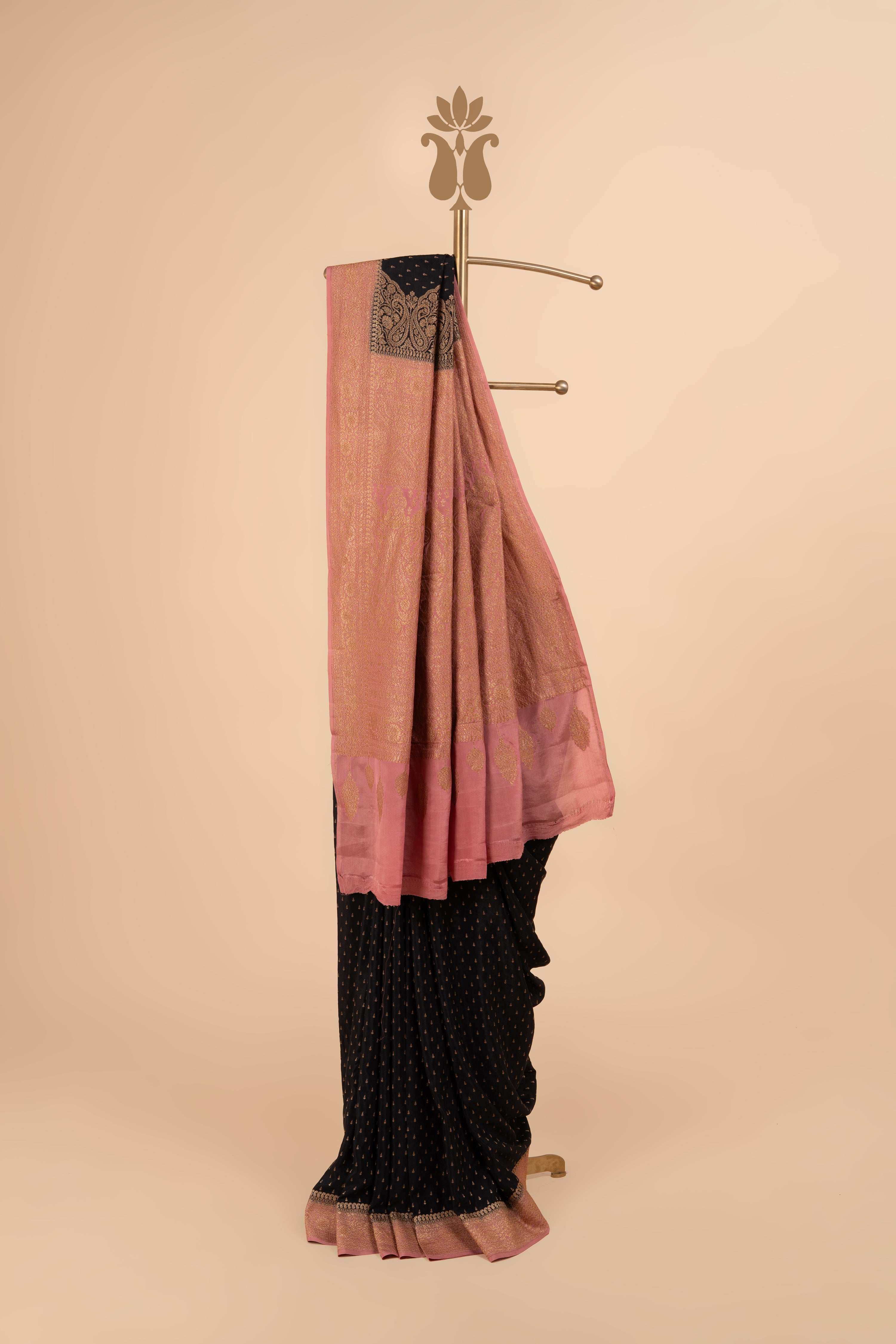 Black And Gajri Pink Contrast Border Banarasi Crepe Saree