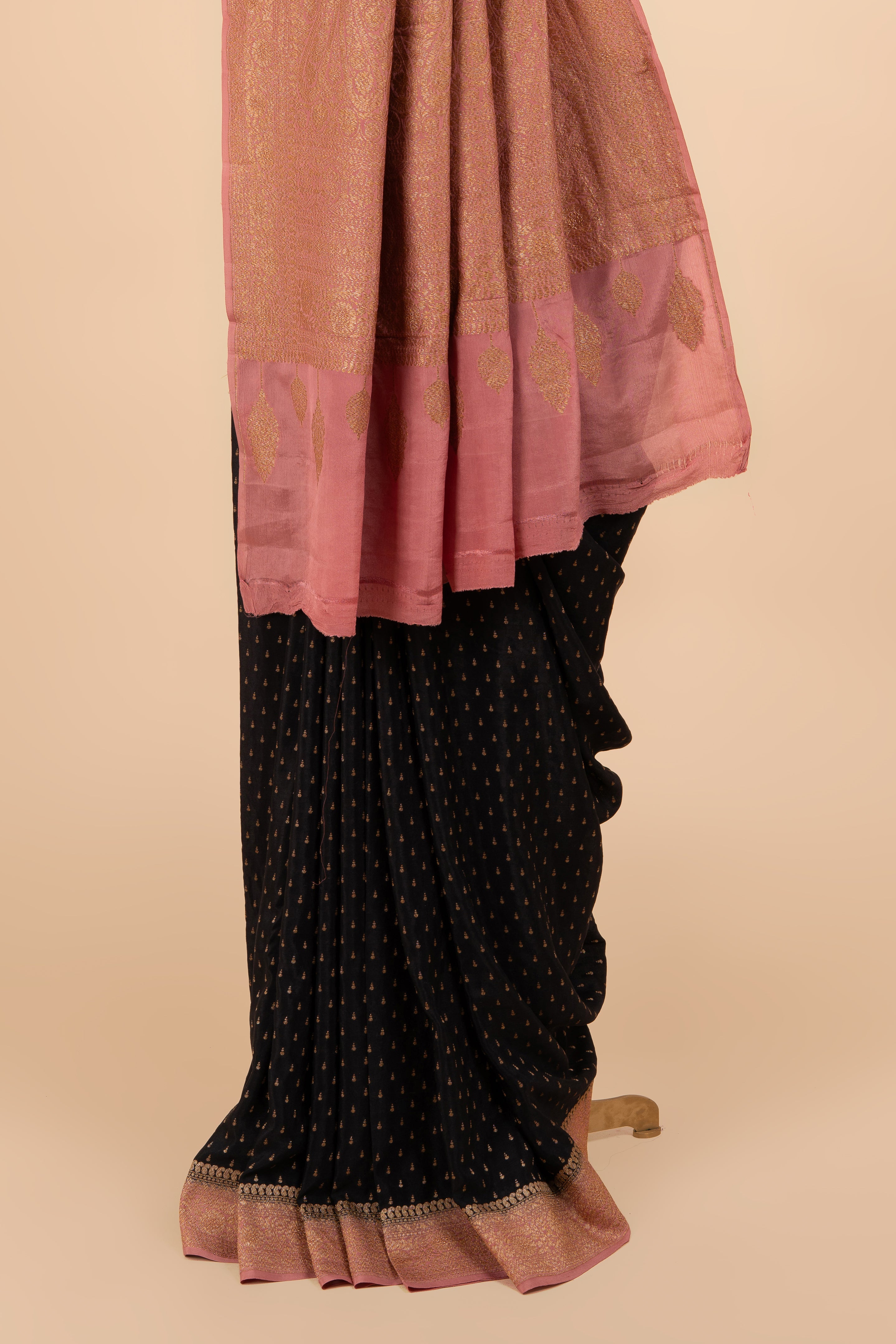 Black And Gajri Pink Contrast Border Banarasi Crepe Saree
