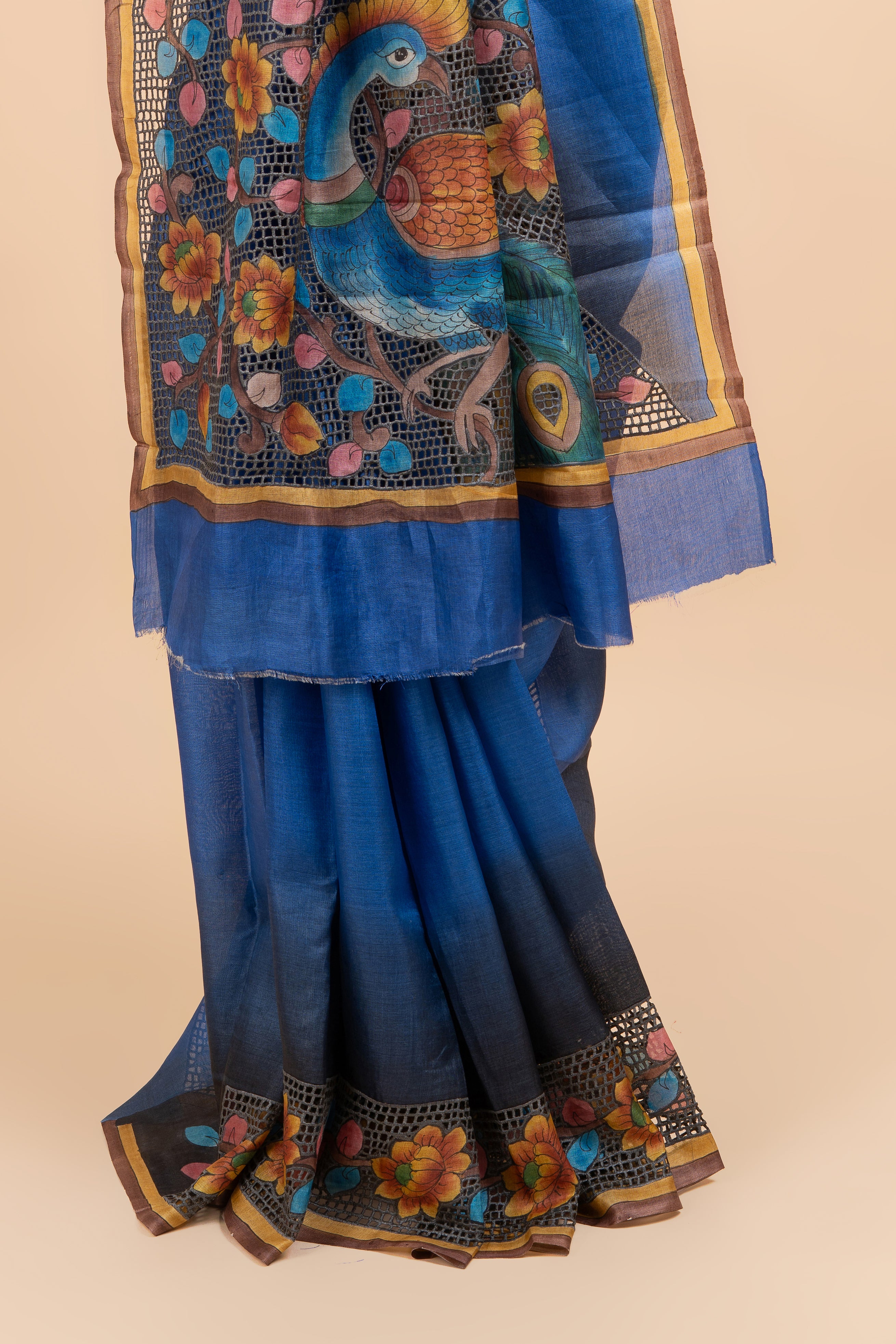 Contemporary Blue Grace Tussar Silk With Cut Work
