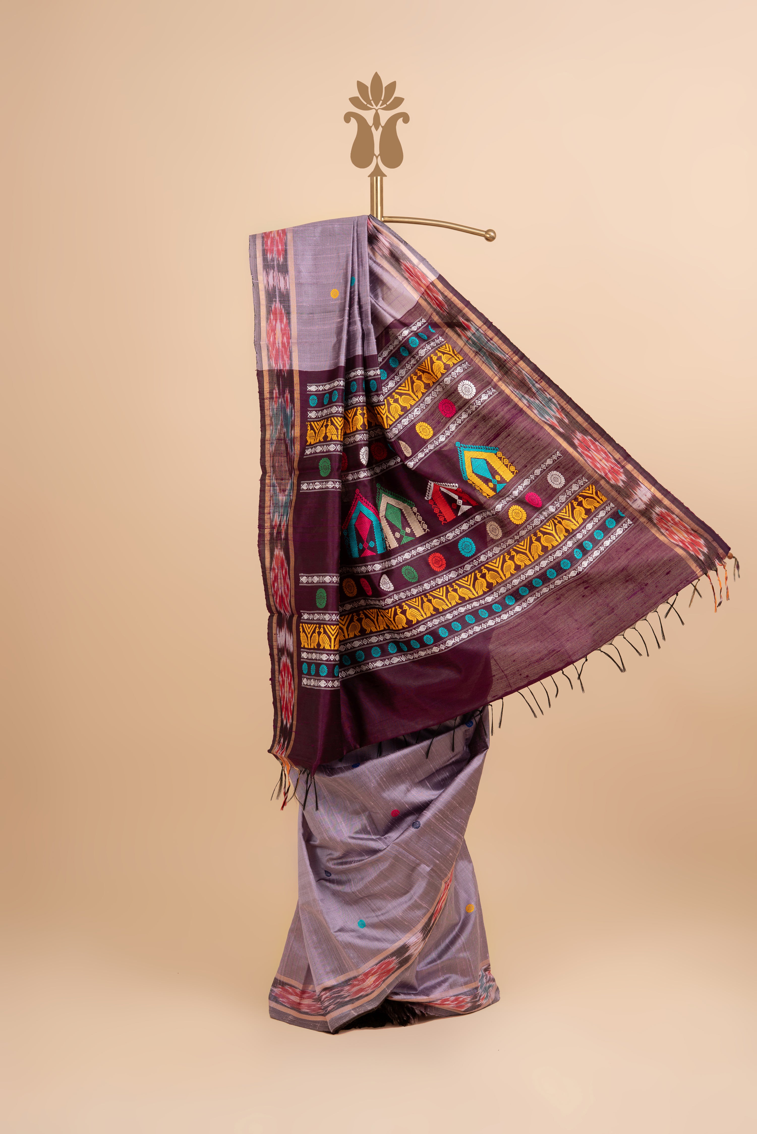 Contemporary Traditional Lavendar Ikkat Weaving Tussar Saree