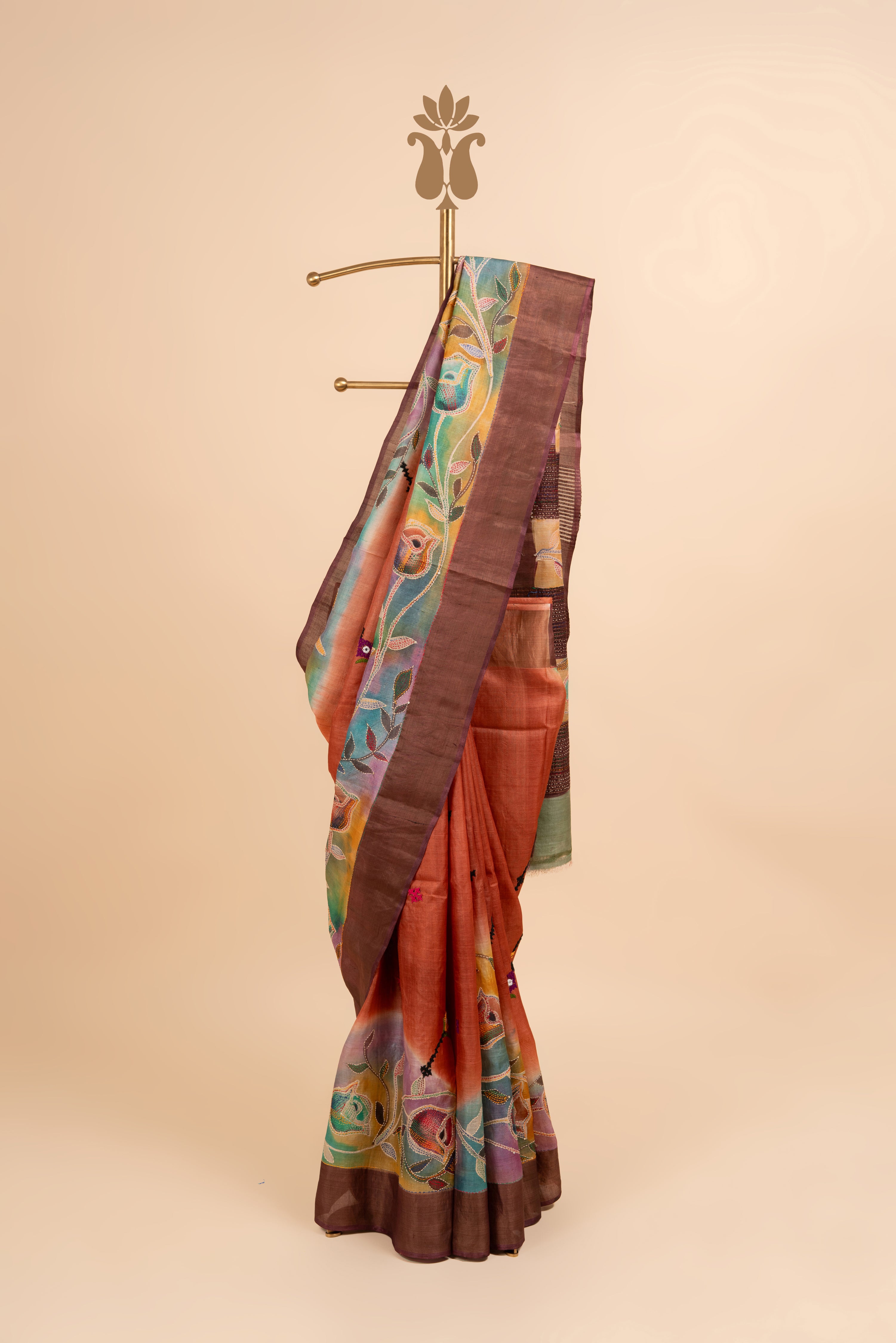 Contemporary Traditional Rust Color Kantha Work Saree