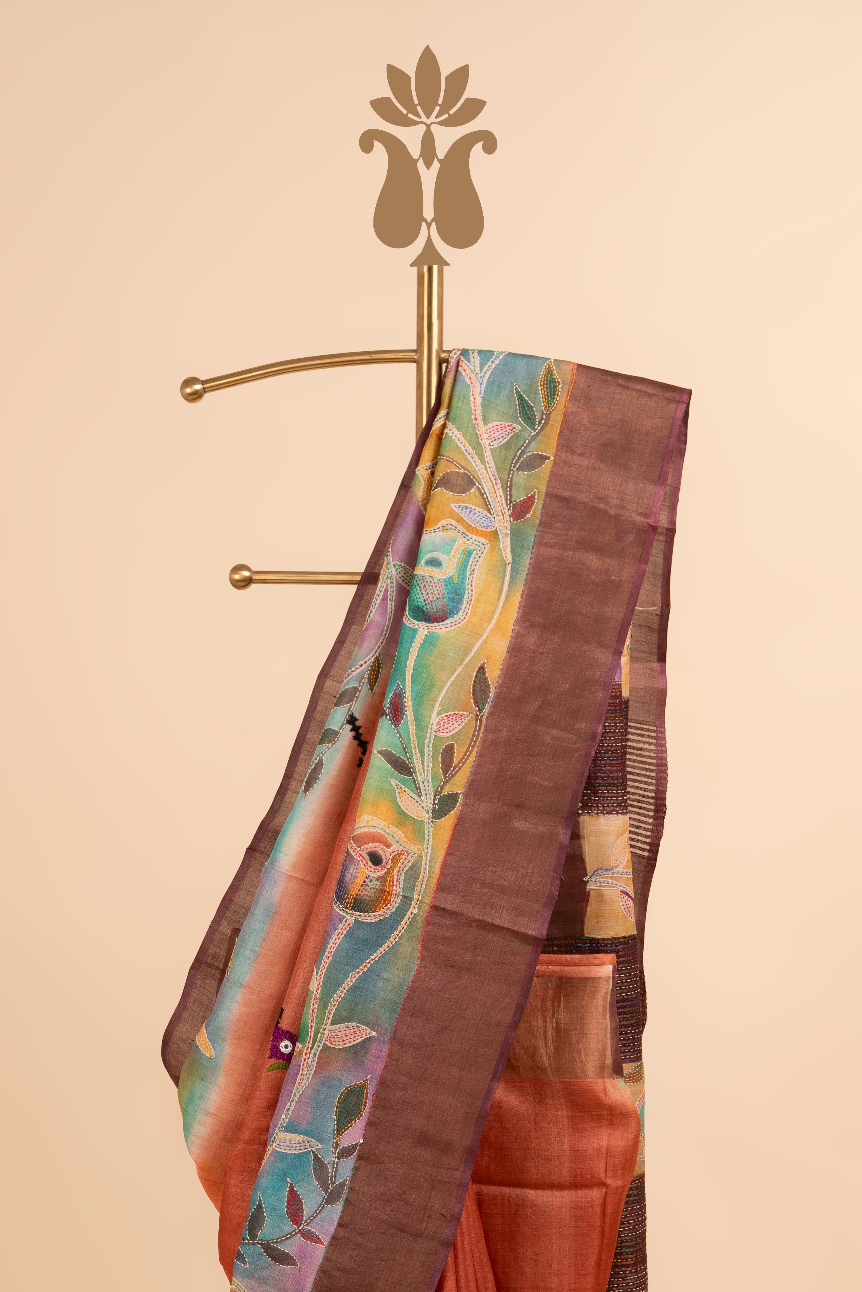 Contemporary Traditional Rust Color Kantha Work Saree