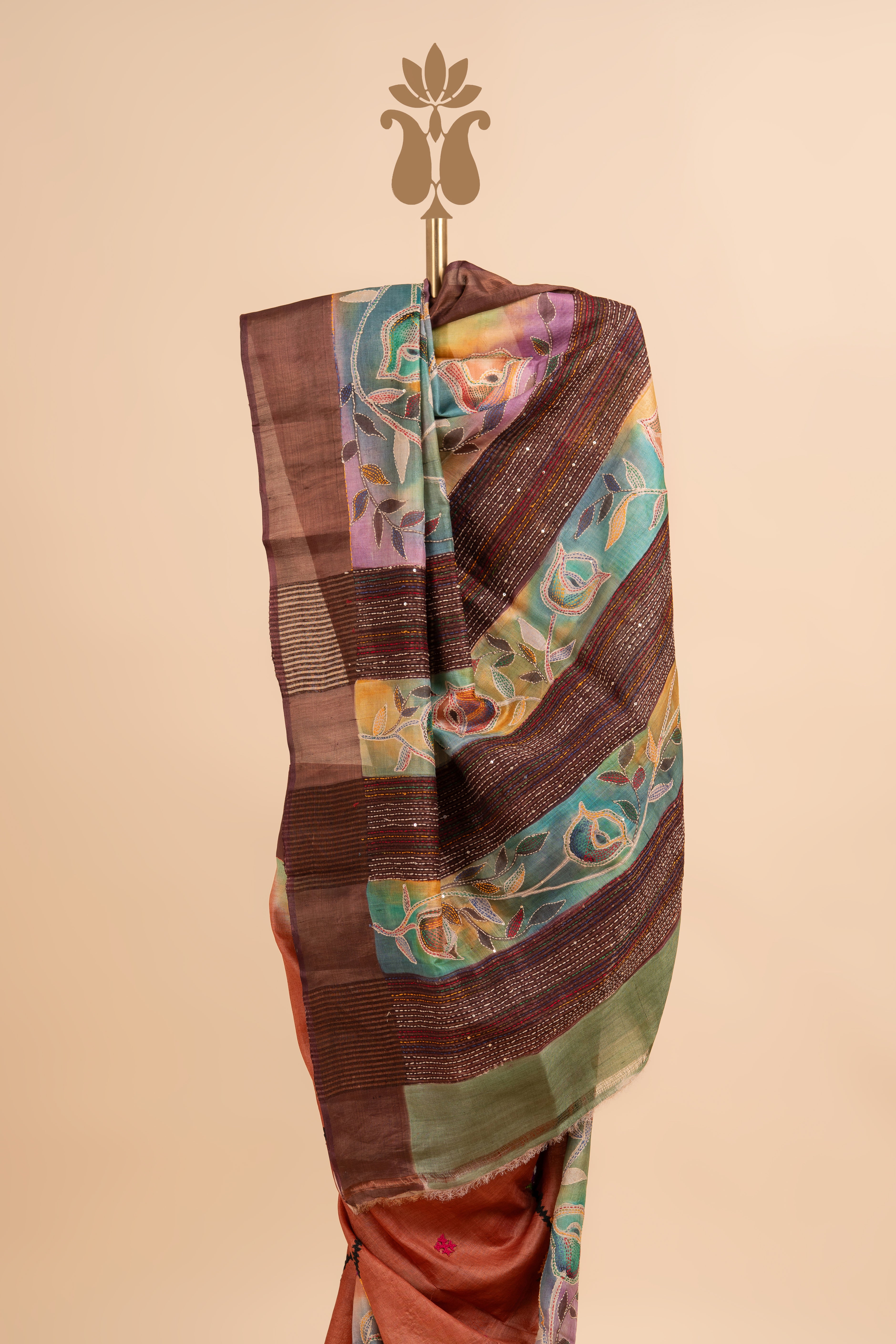 Contemporary Traditional Rust Color Kantha Work Saree