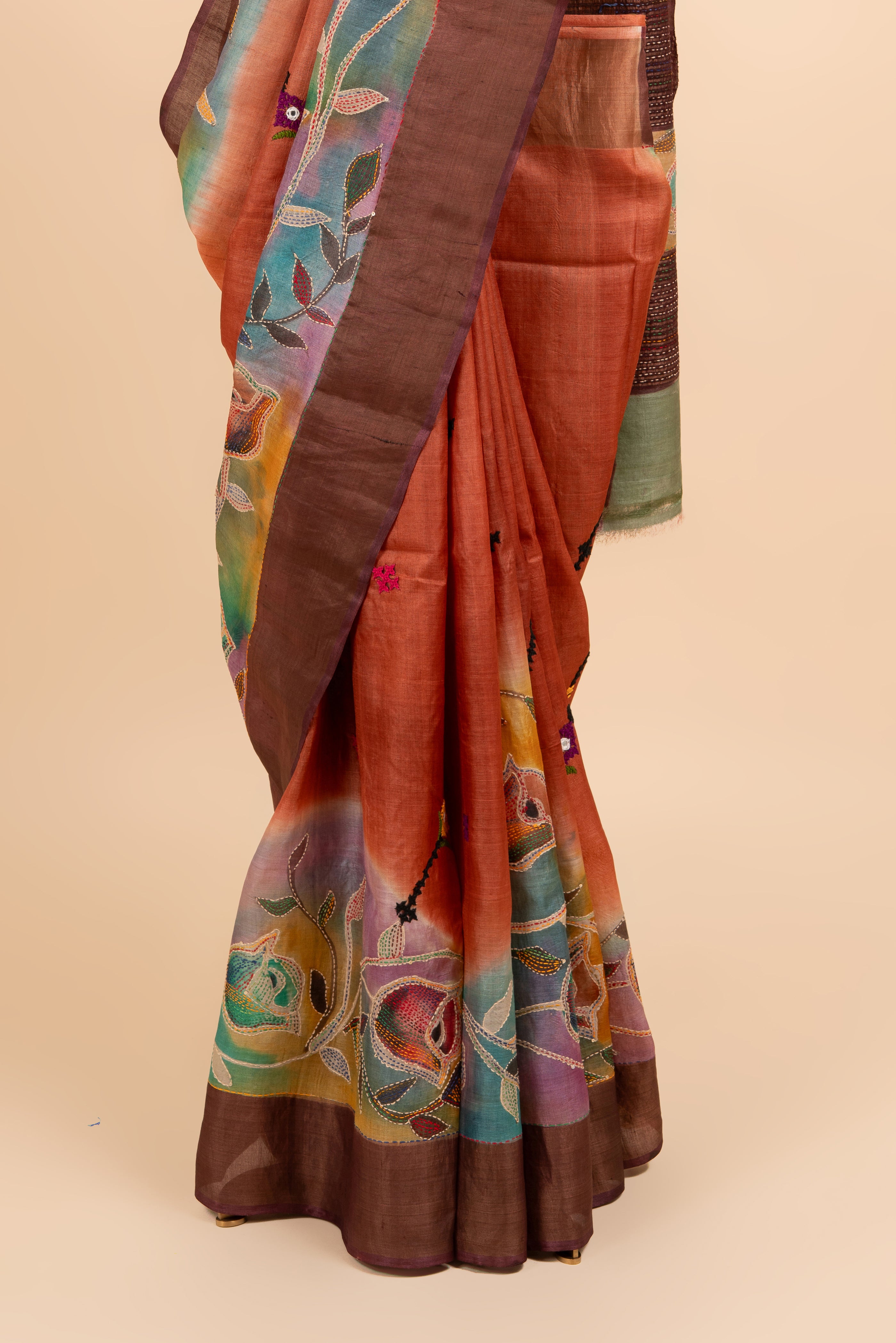 Contemporary Traditional Rust Color Kantha Work Saree