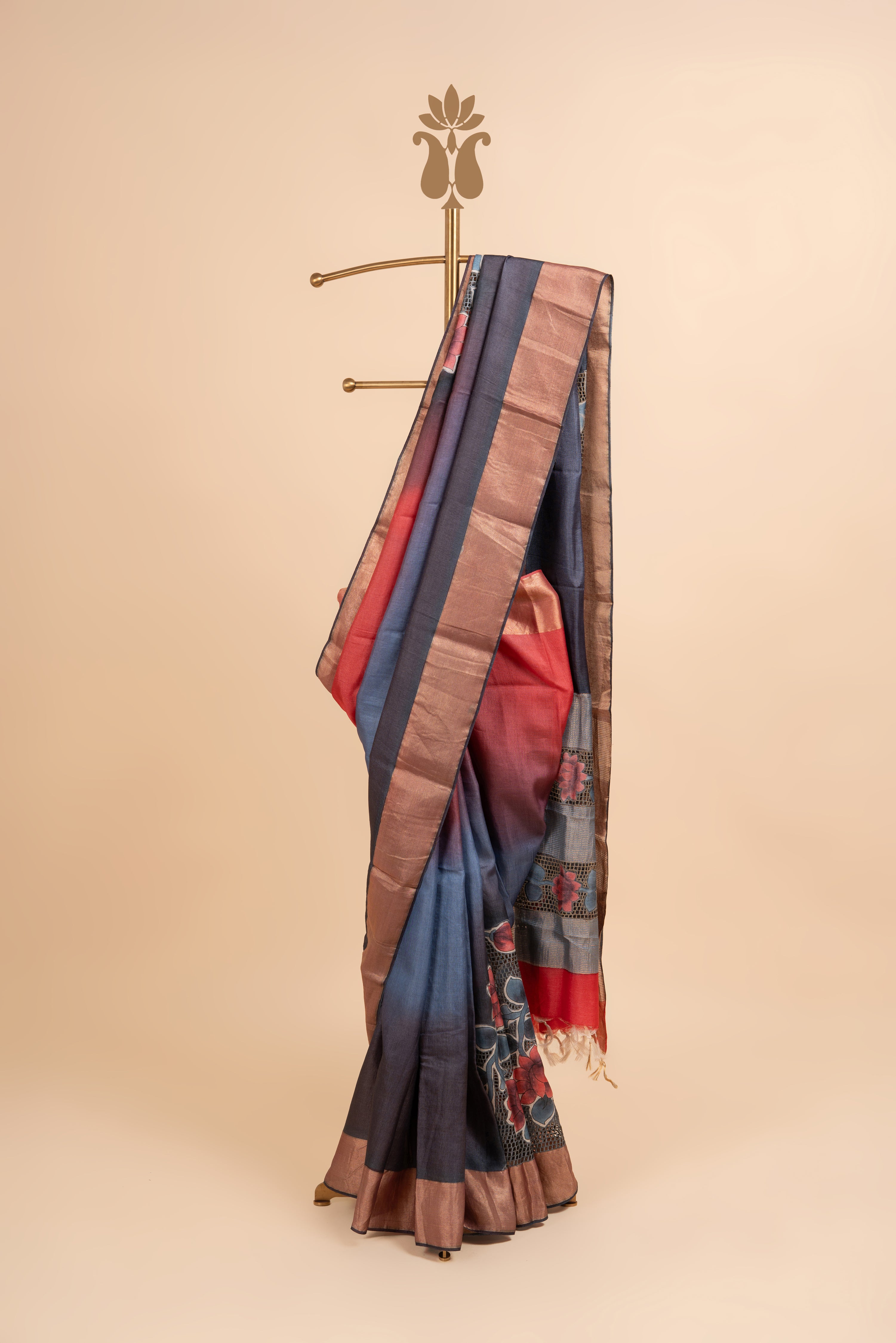 Greyish Blue Cutwork Tussar Silk Saree