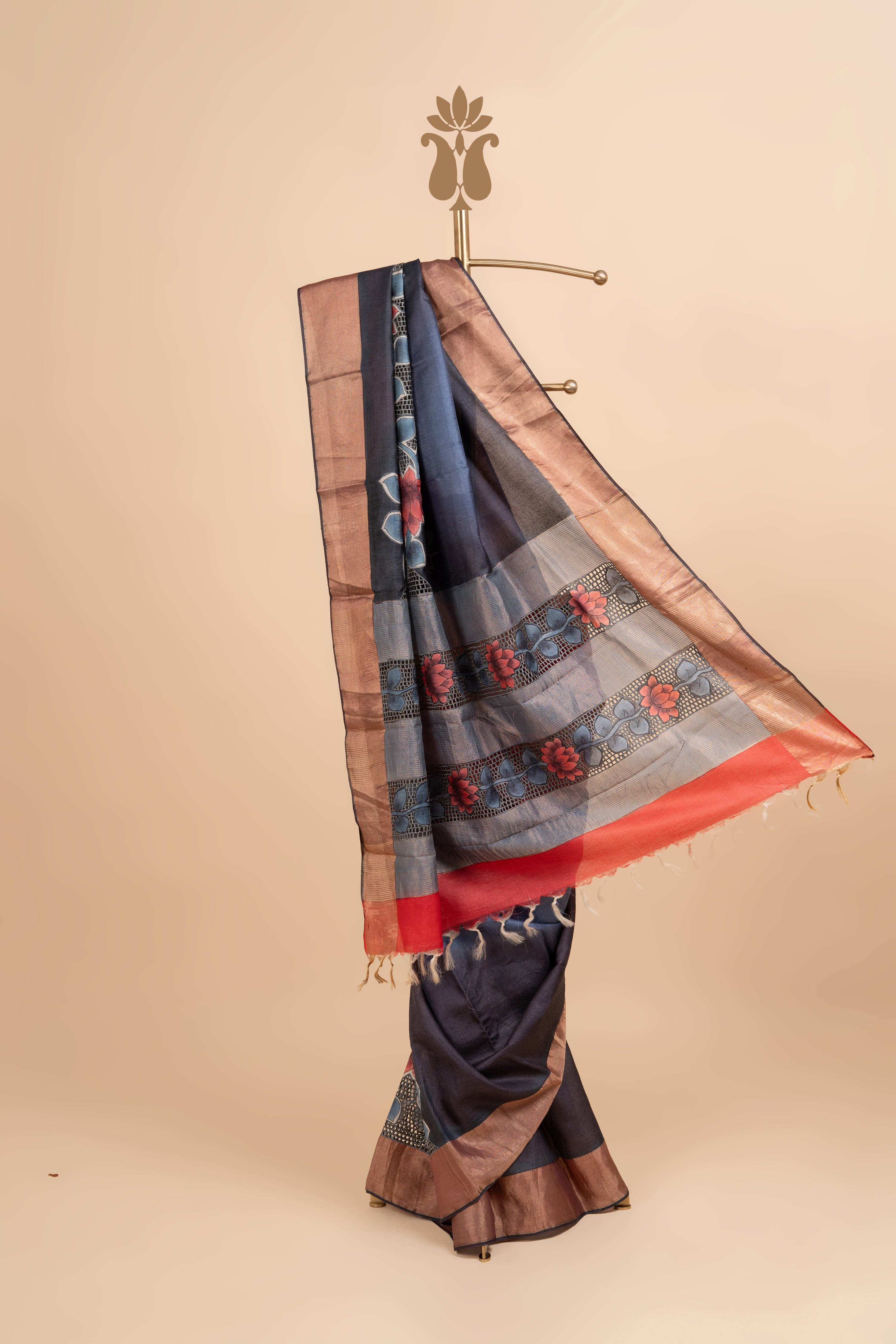 Greyish Blue Cutwork Tussar Silk Saree
