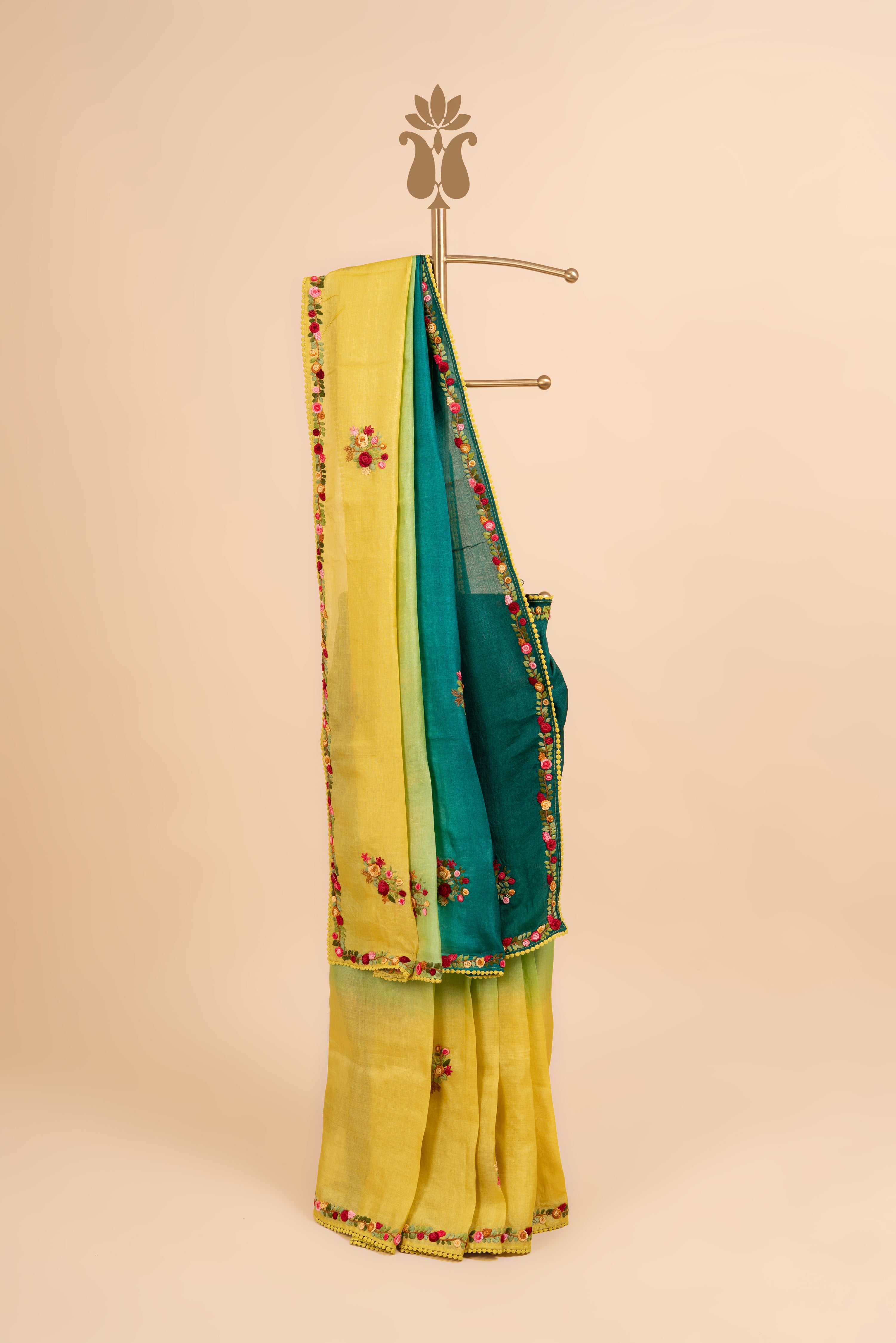 Handcrafted 4D Shaded Bullion Tussar Work Saree