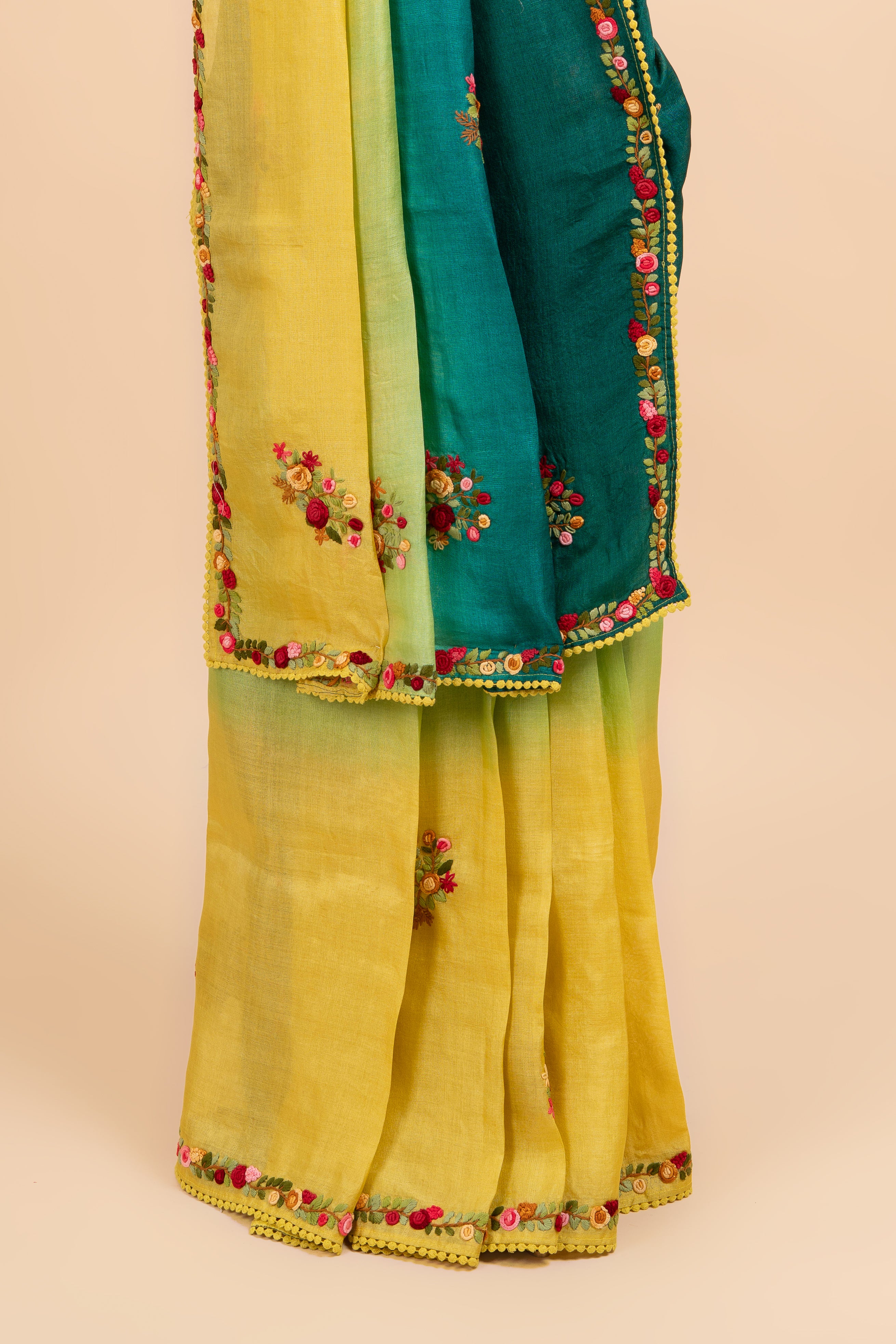Handcrafted 4D Shaded Bullion Tussar Work Saree