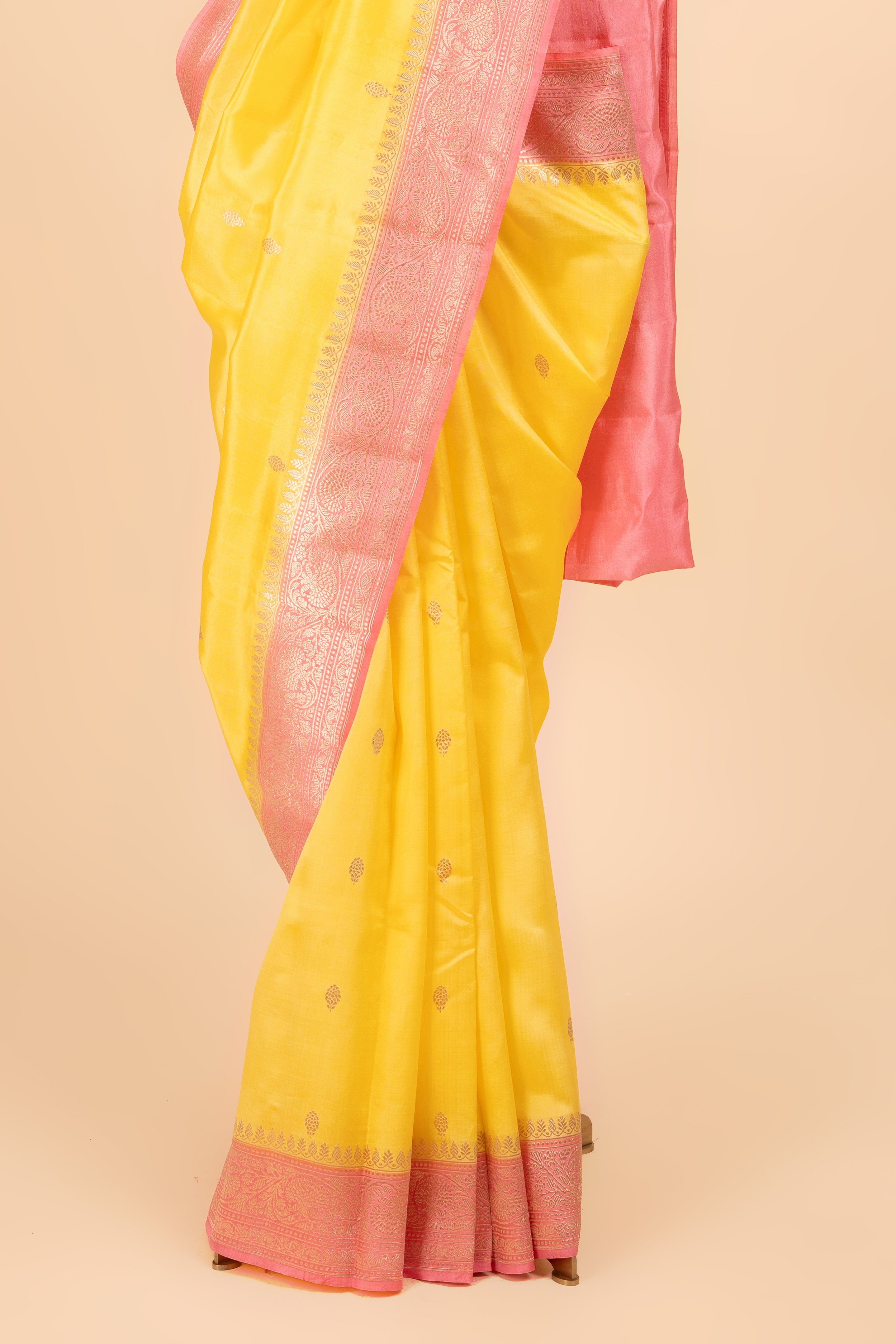 Light Yellow Banarasi Saree With Contrast Peach Border