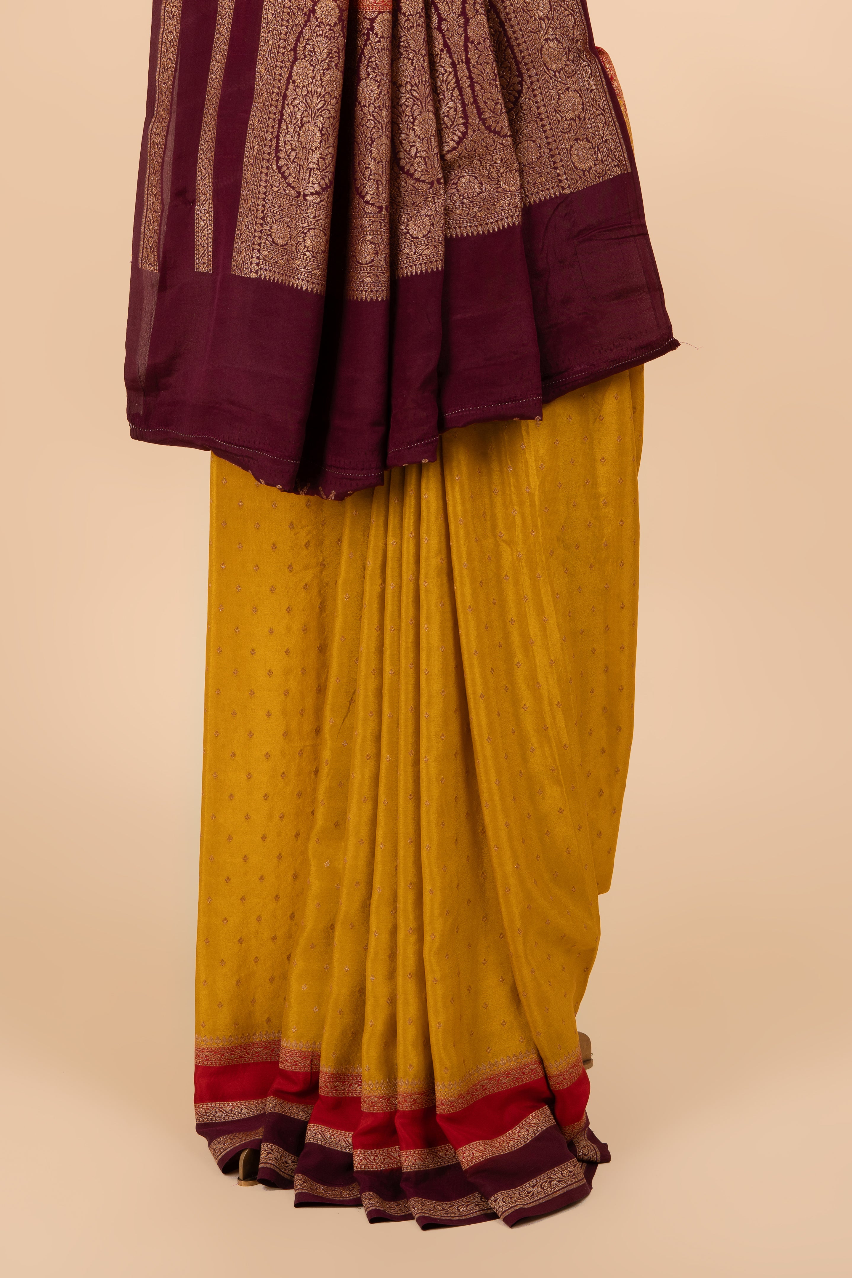 Mustard Colour Contrast Border Banarasi Crepe Saree