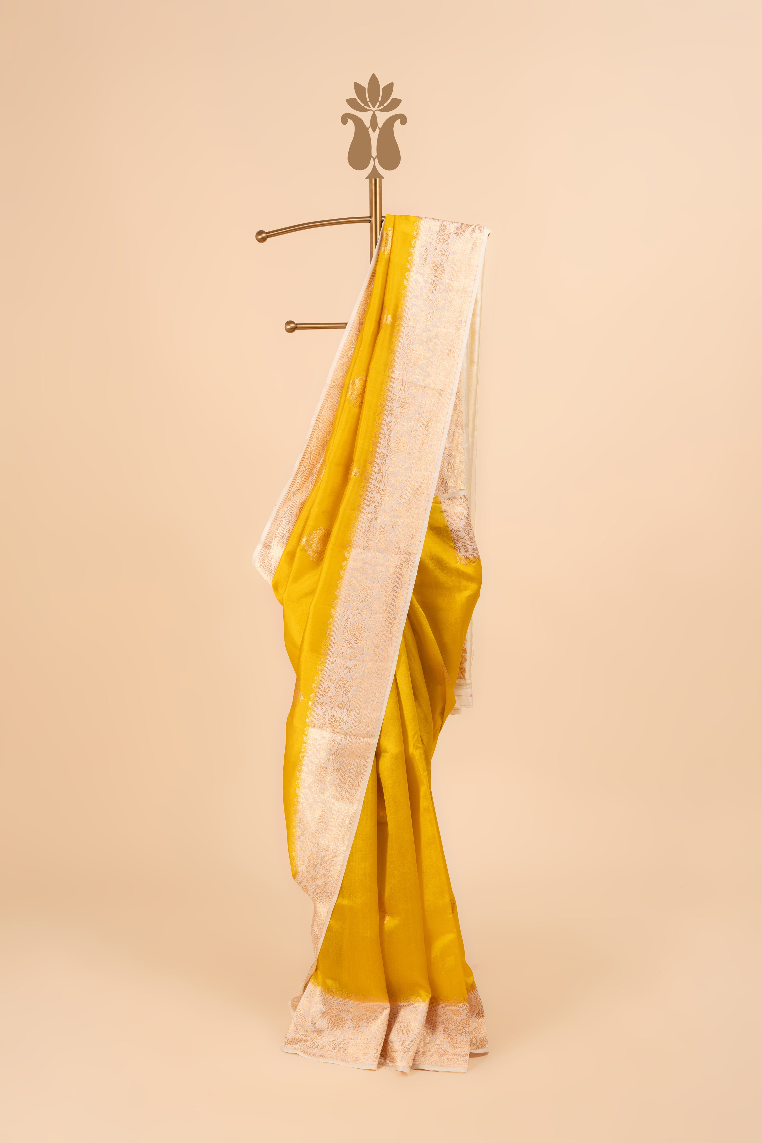 Mustard Yellow Banarasi Saree With Contrast Off-White Border