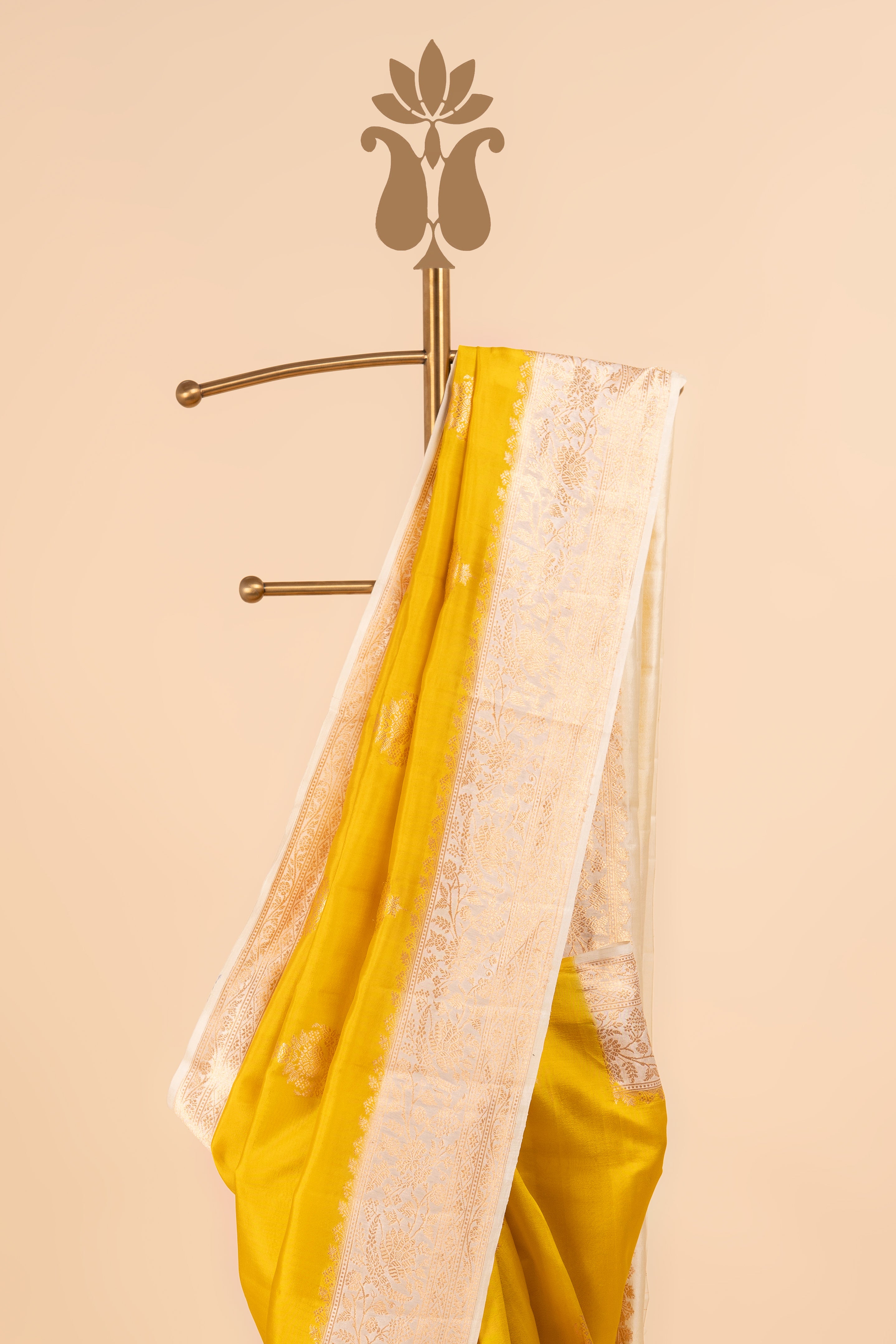 Mustard Yellow Banarasi Saree With Contrast Off-White Border