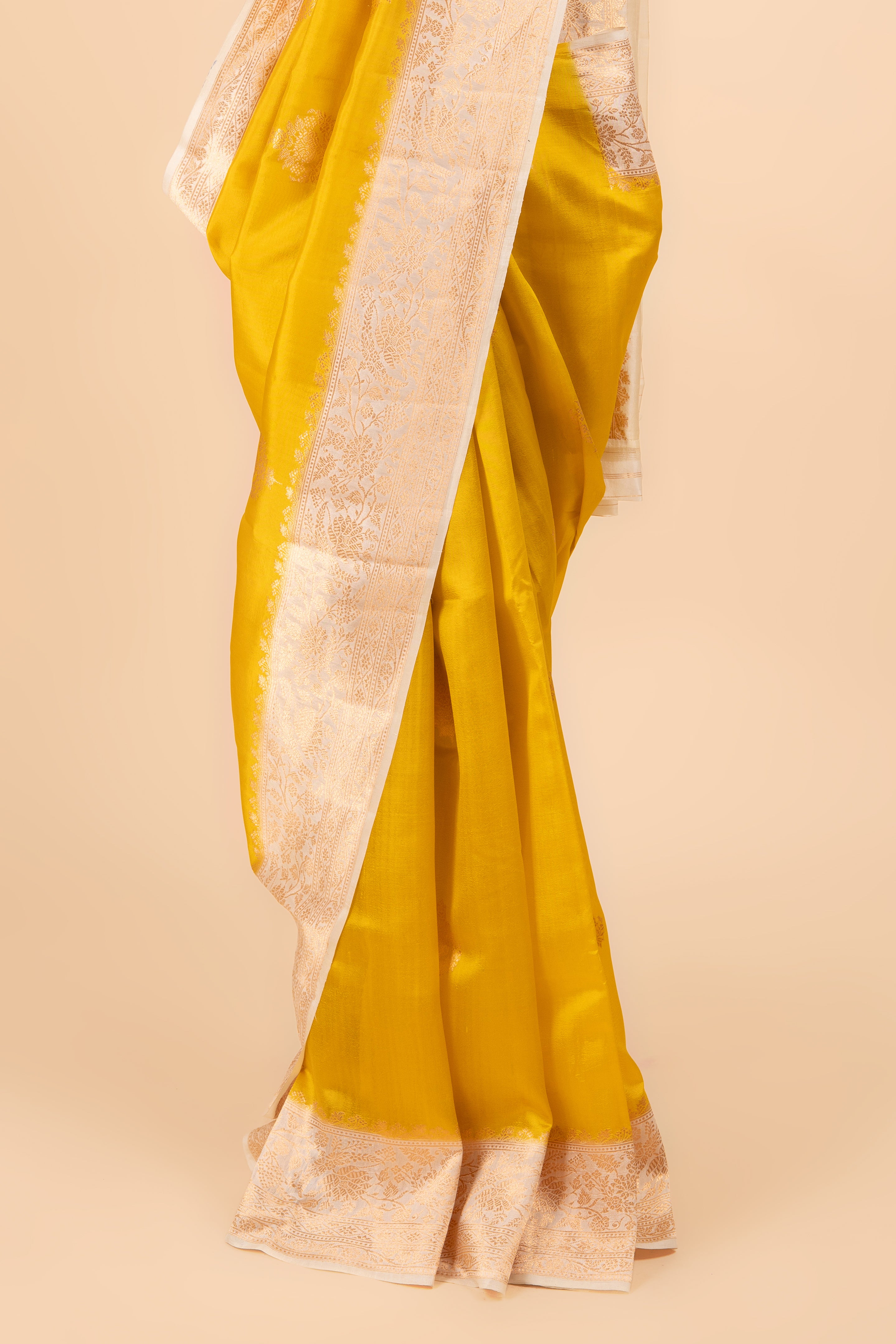 Mustard Yellow Banarasi Saree With Contrast Off-White Border