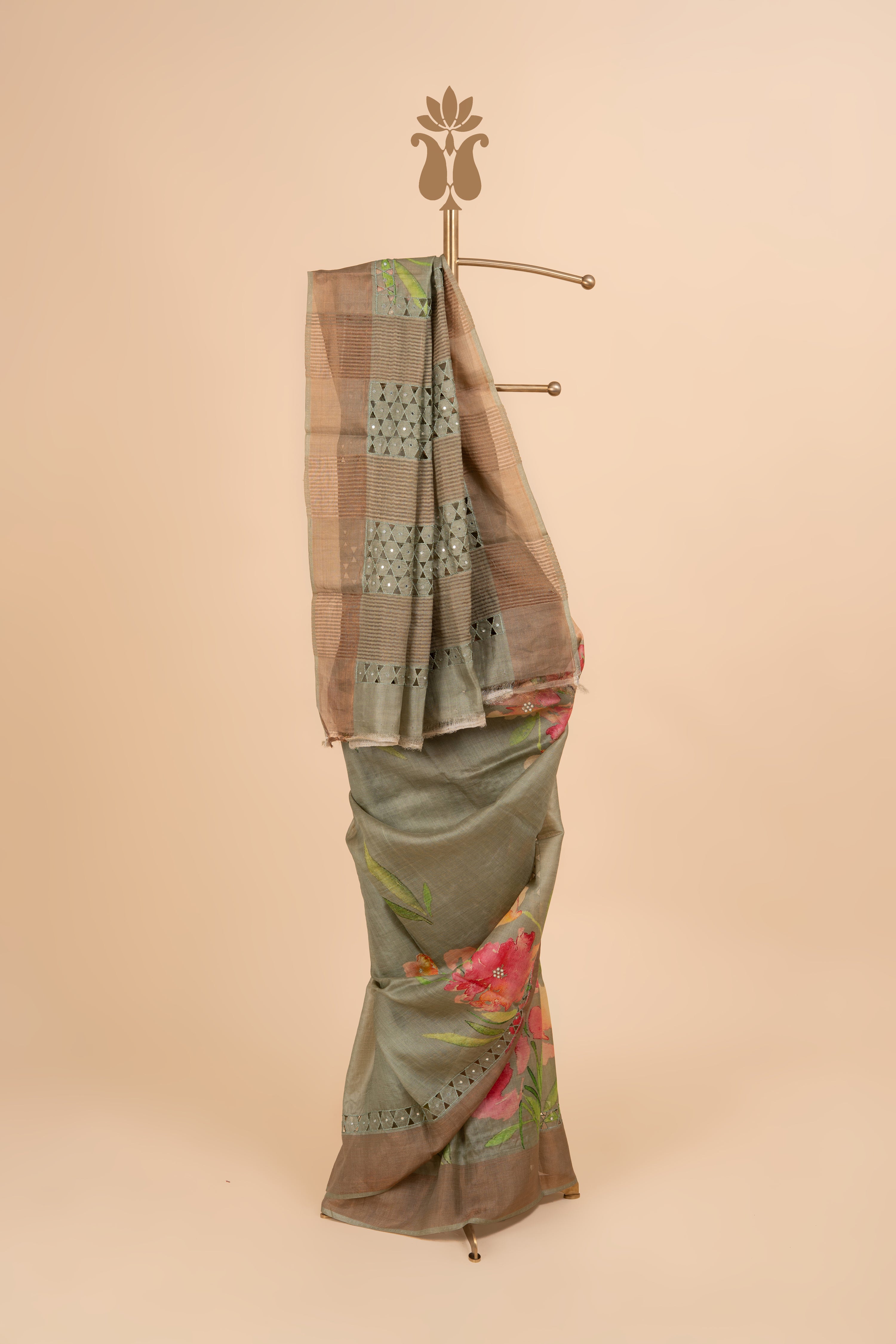 Olive Green Tussar Cutwork Elegance