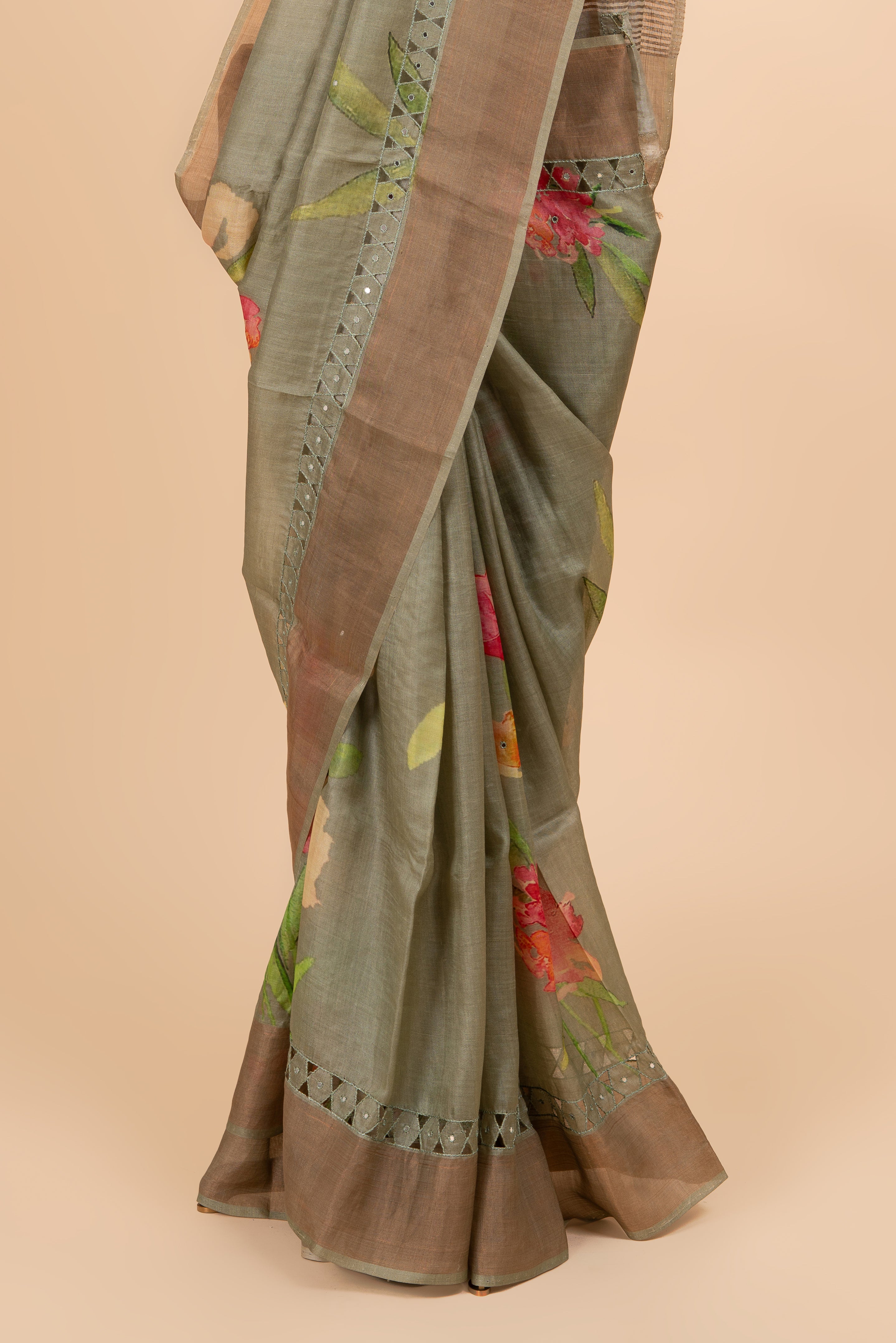 Olive Green Tussar Cutwork Elegance