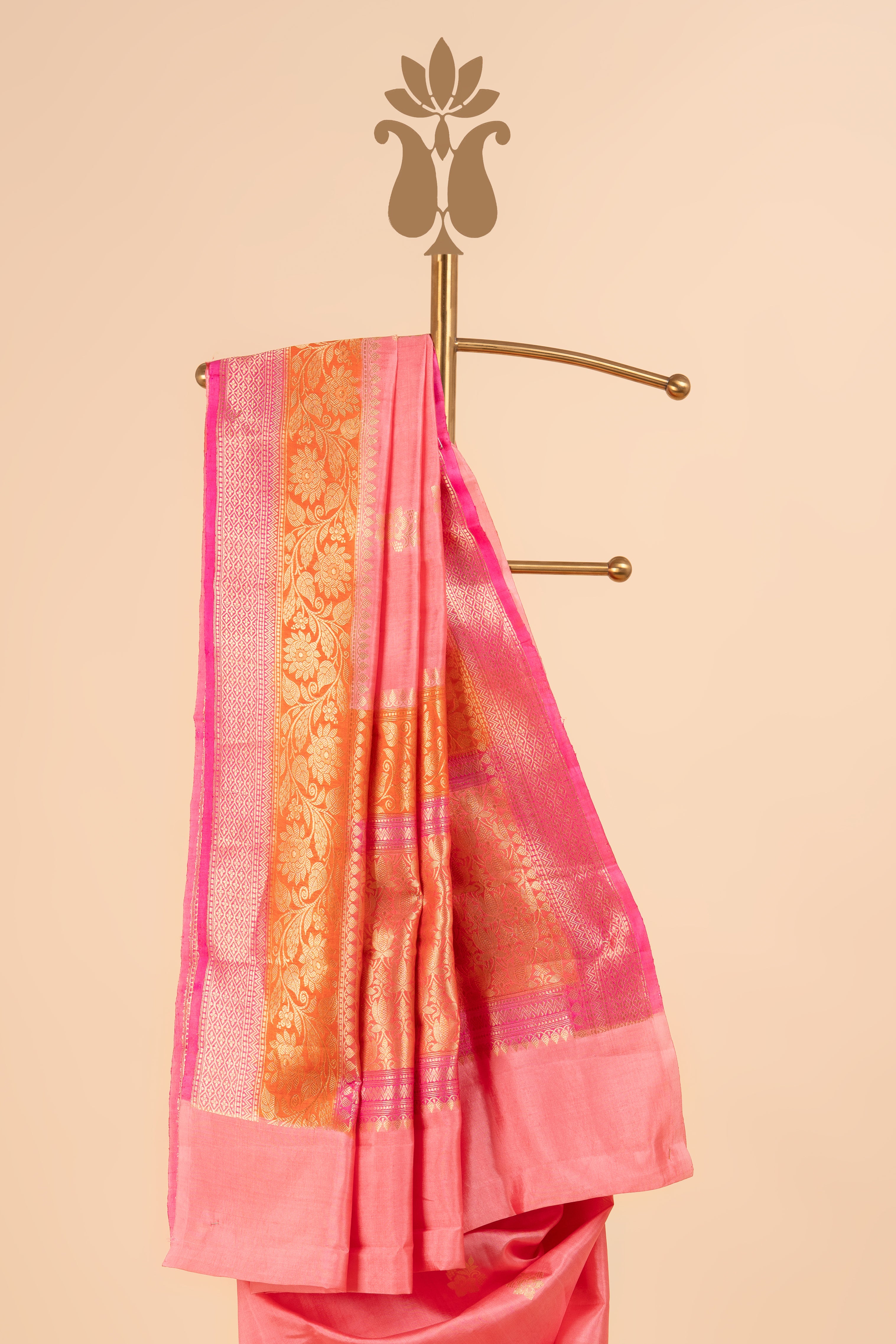 Peach Banarasi Saree With Contrast Orange And Pink Border