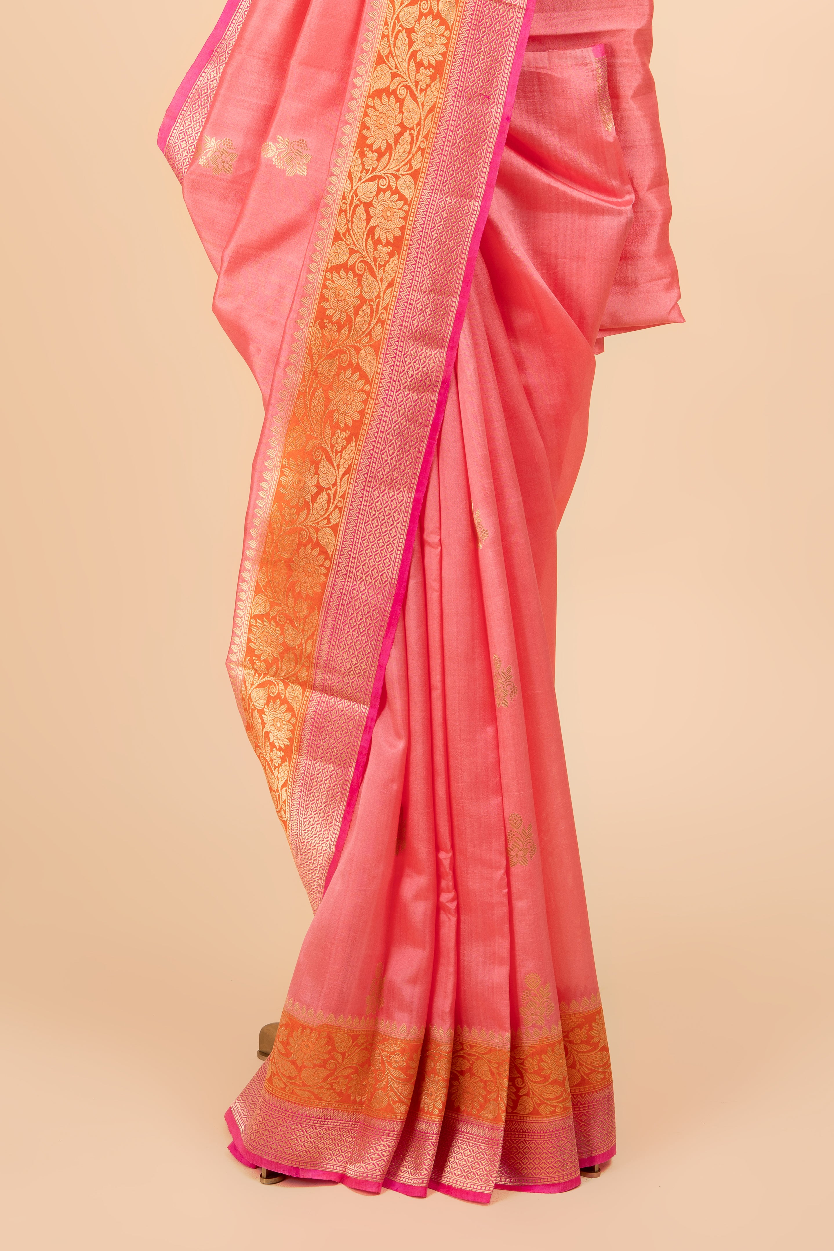 Peach Banarasi Saree With Contrast Orange And Pink Border