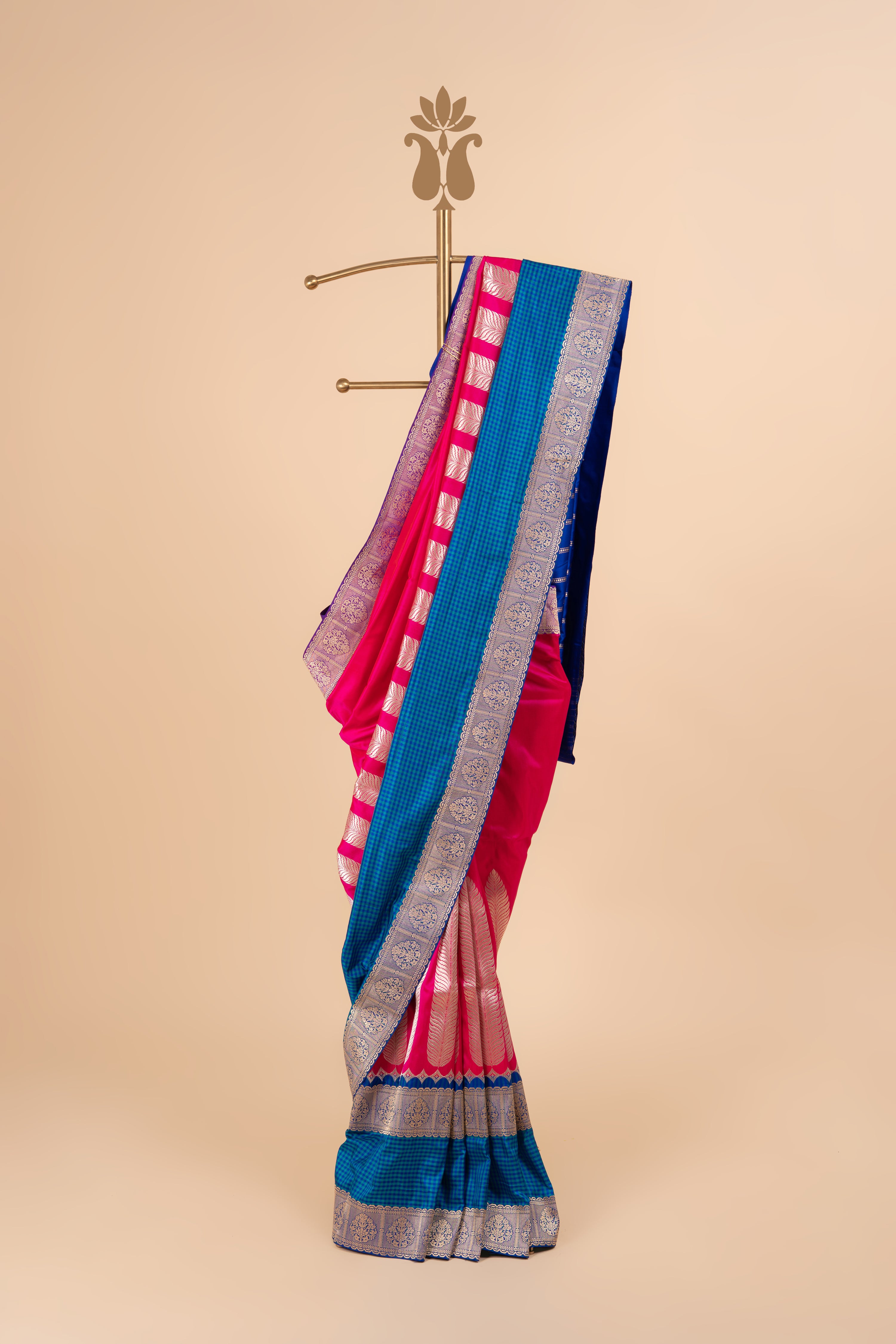 Pink Heavy Banarasi Saree With Modern Motifs & Blue Checks Border