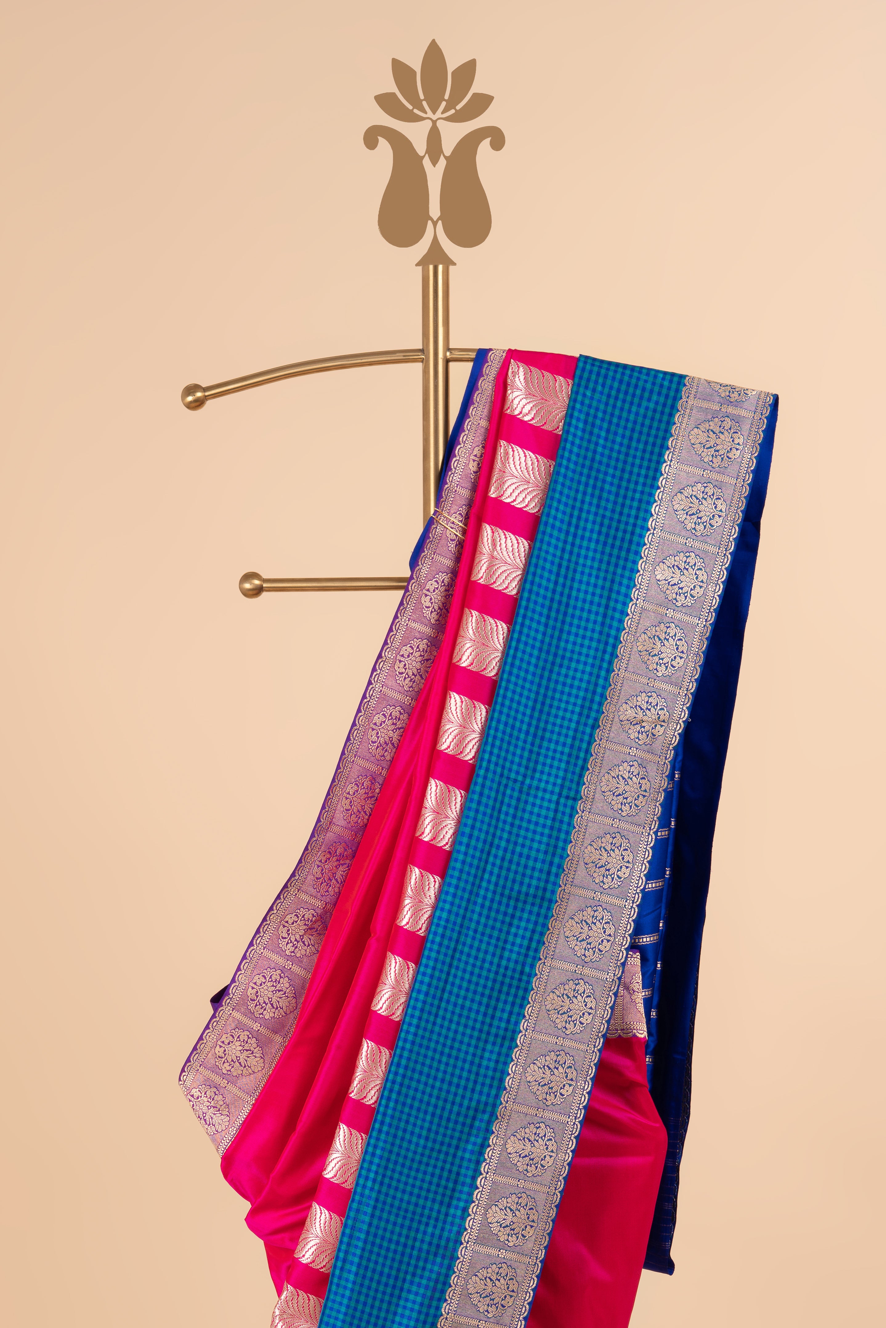 Pink Heavy Banarasi Saree With Modern Motifs & Blue Checks Border