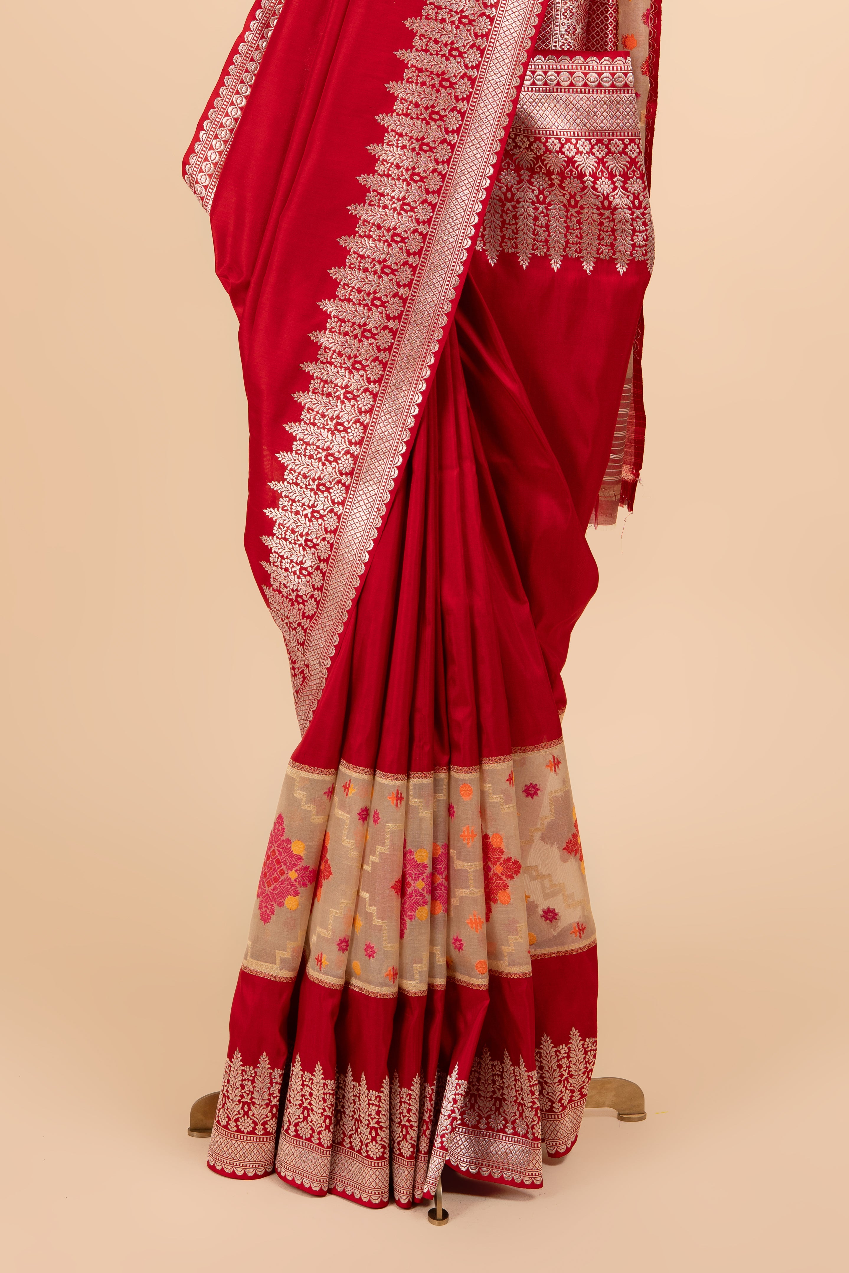 Pure Silk Ethereal Red Banarasi Saree With Silver Zari