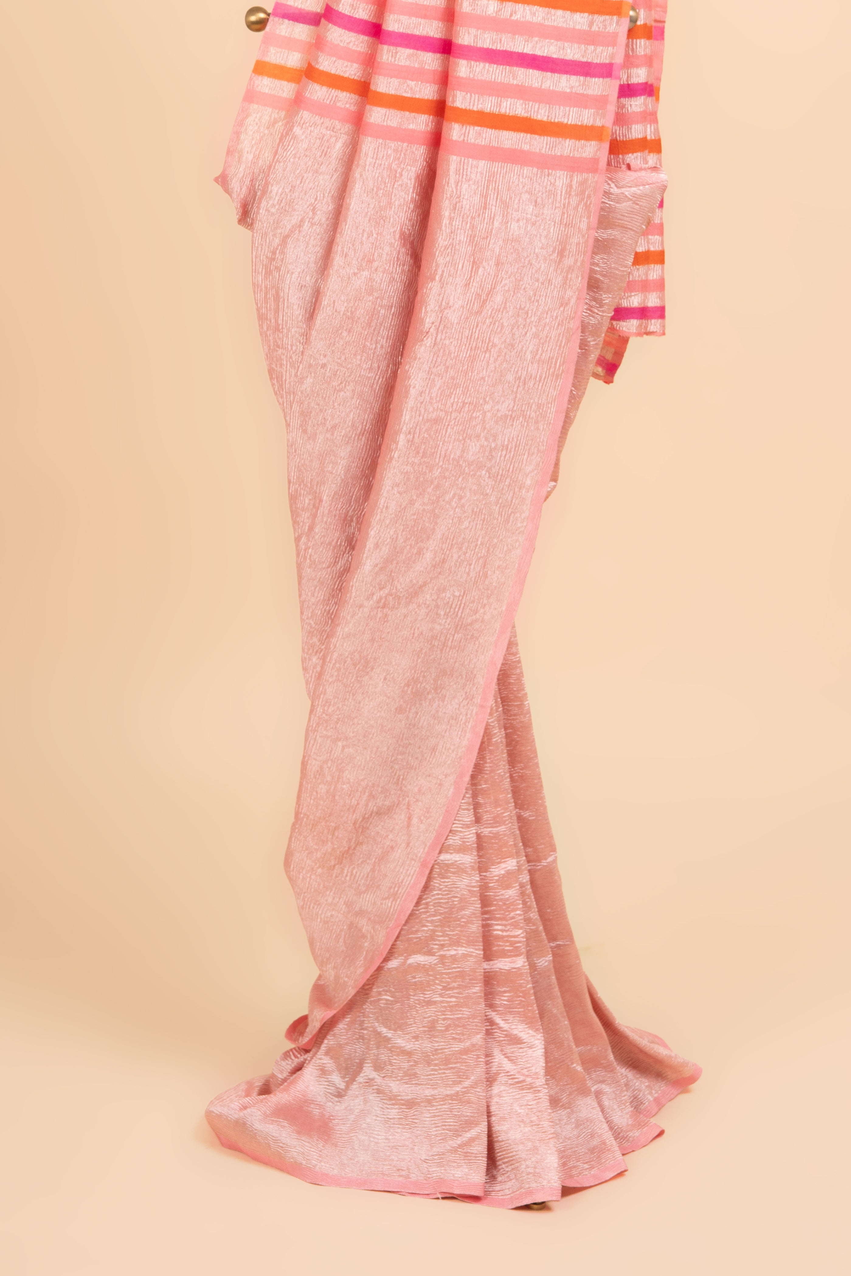 Radiant Mettalic Charm Rose Gold Crushed Tissue Saree
