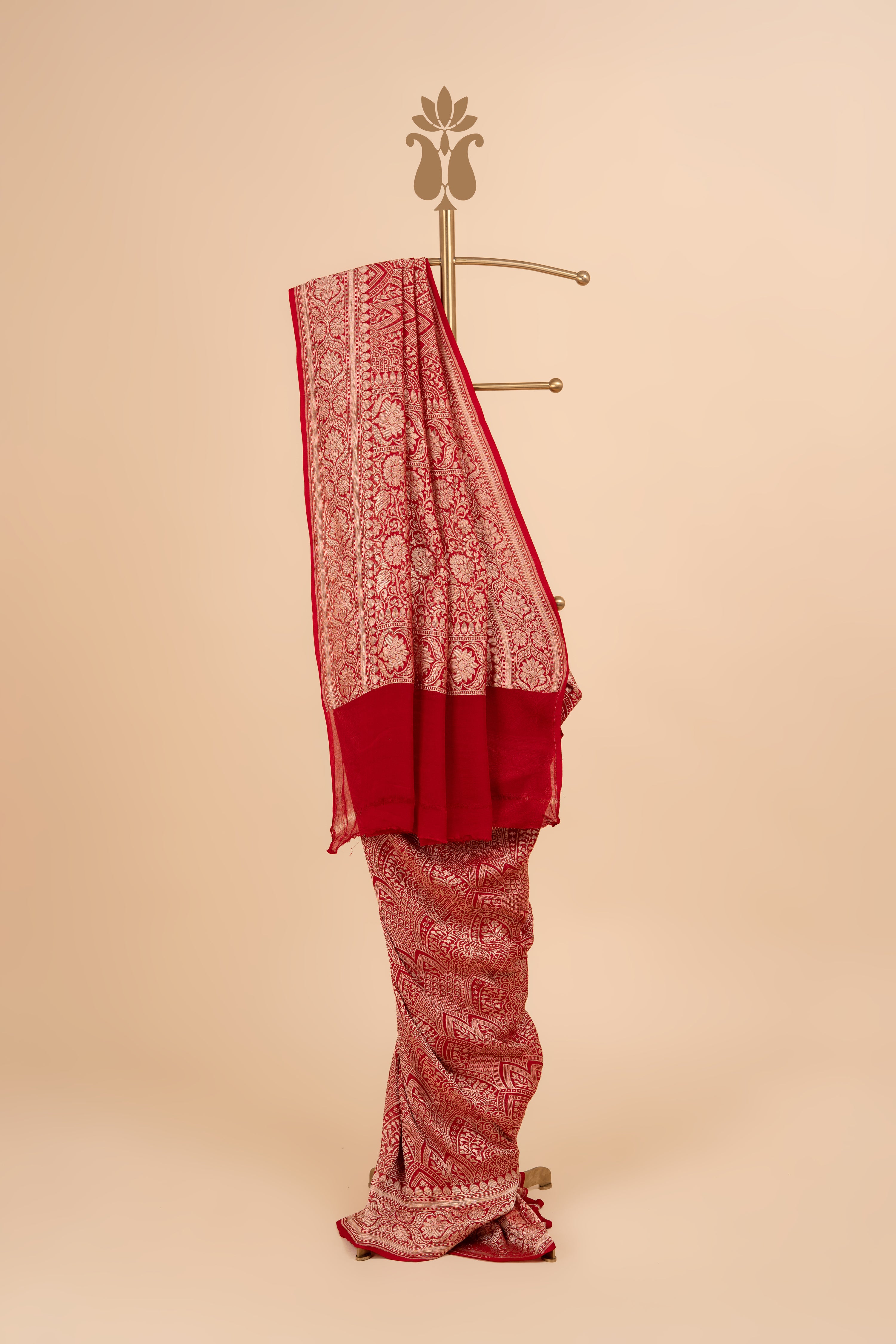 Red Heavy Georgette Banarasi Saree With Gold Zari Brocade