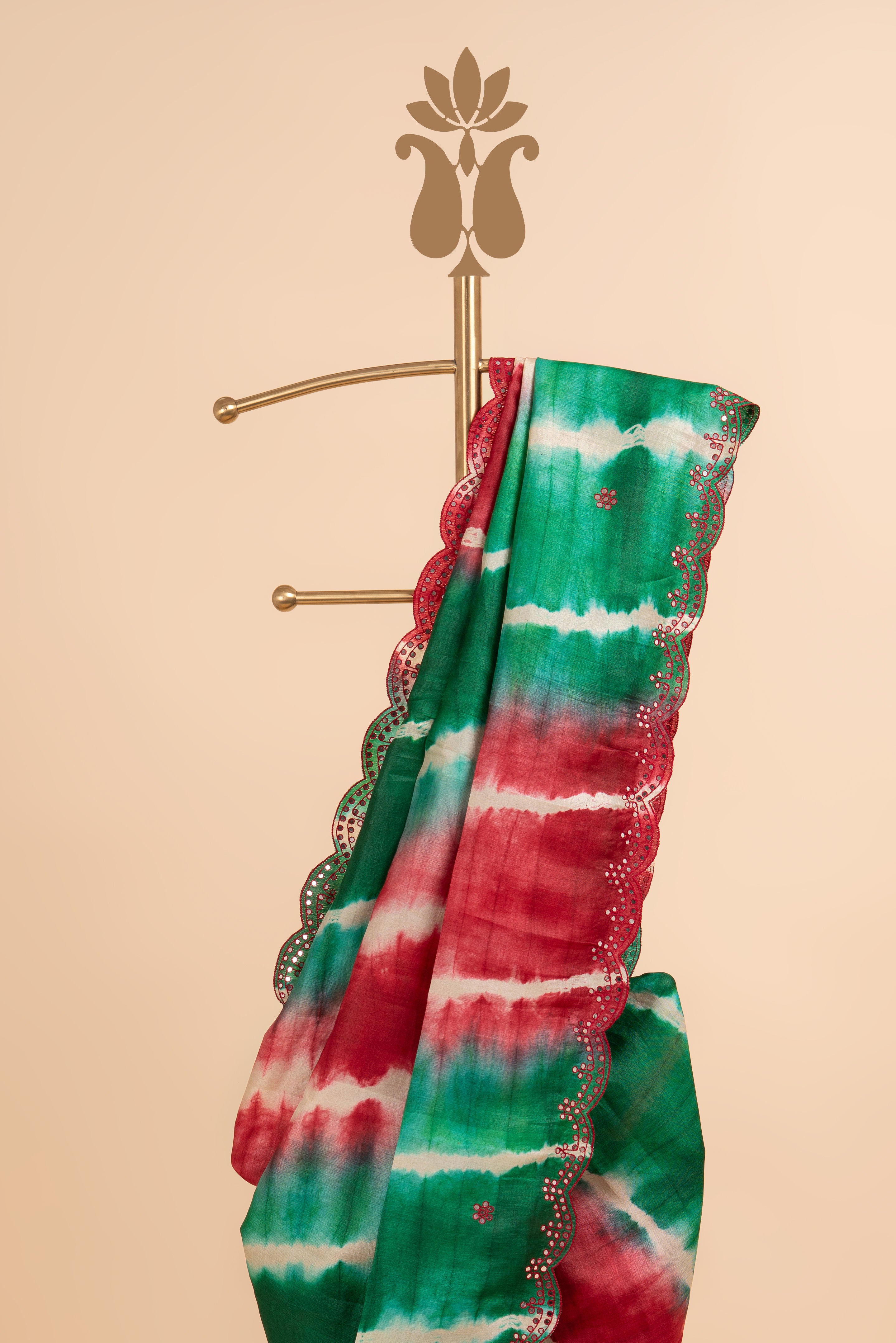 Red And Green Shaded Mirror Work Tussar Silk Saree
