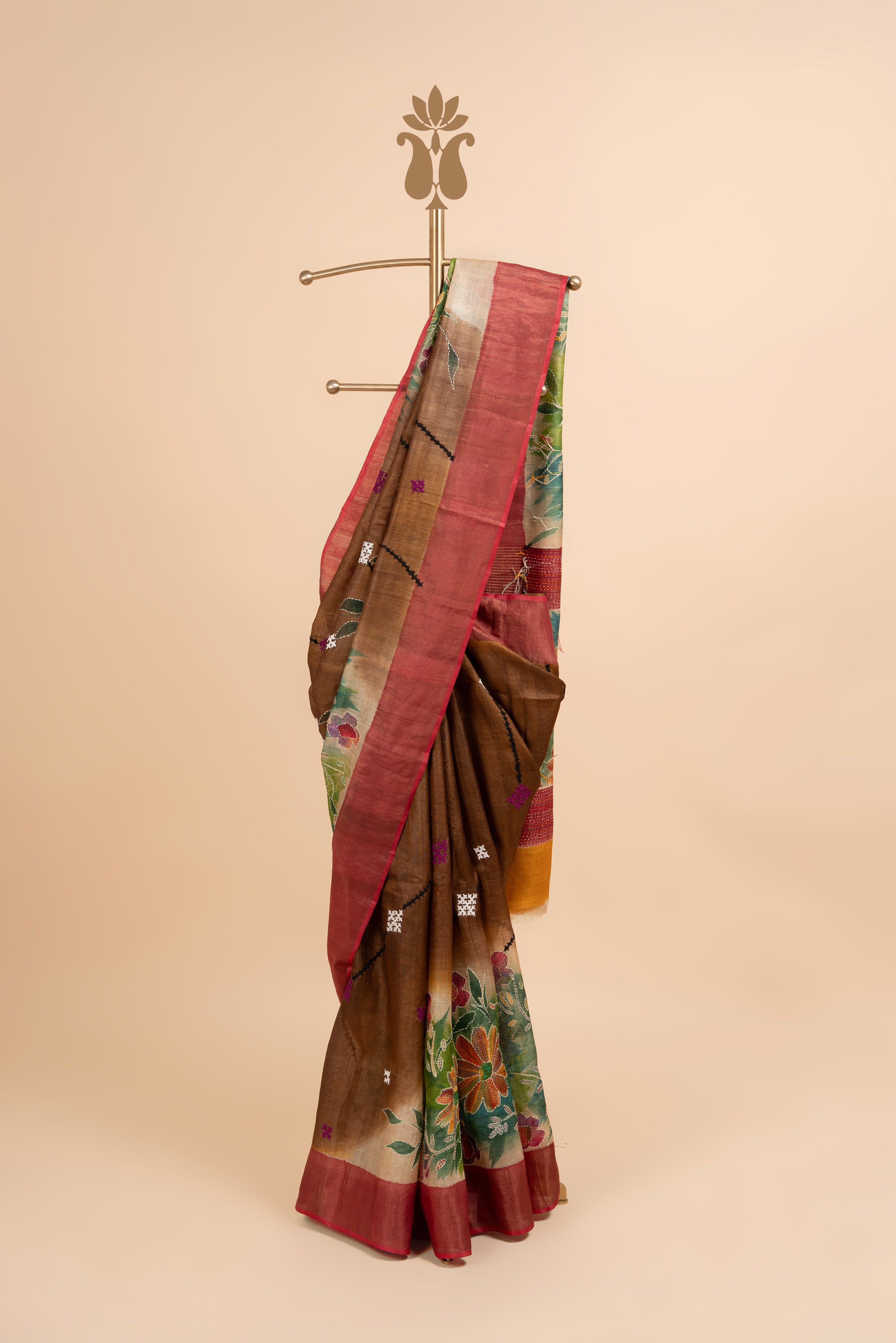 Rustic Brown Traditional Kantha And Kutch Work Saree