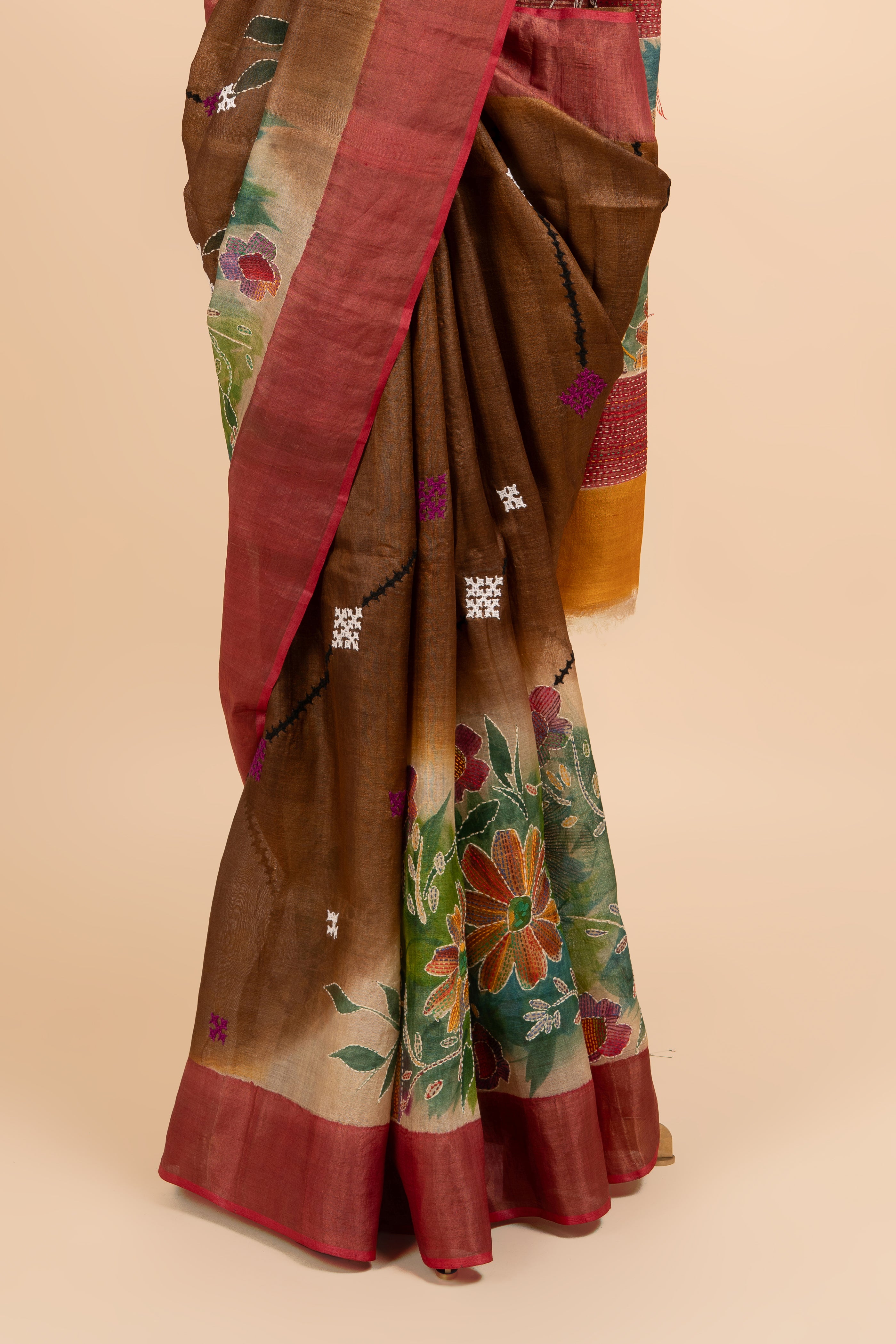 Rustic Brown Traditional Kantha And Kutch Work Saree