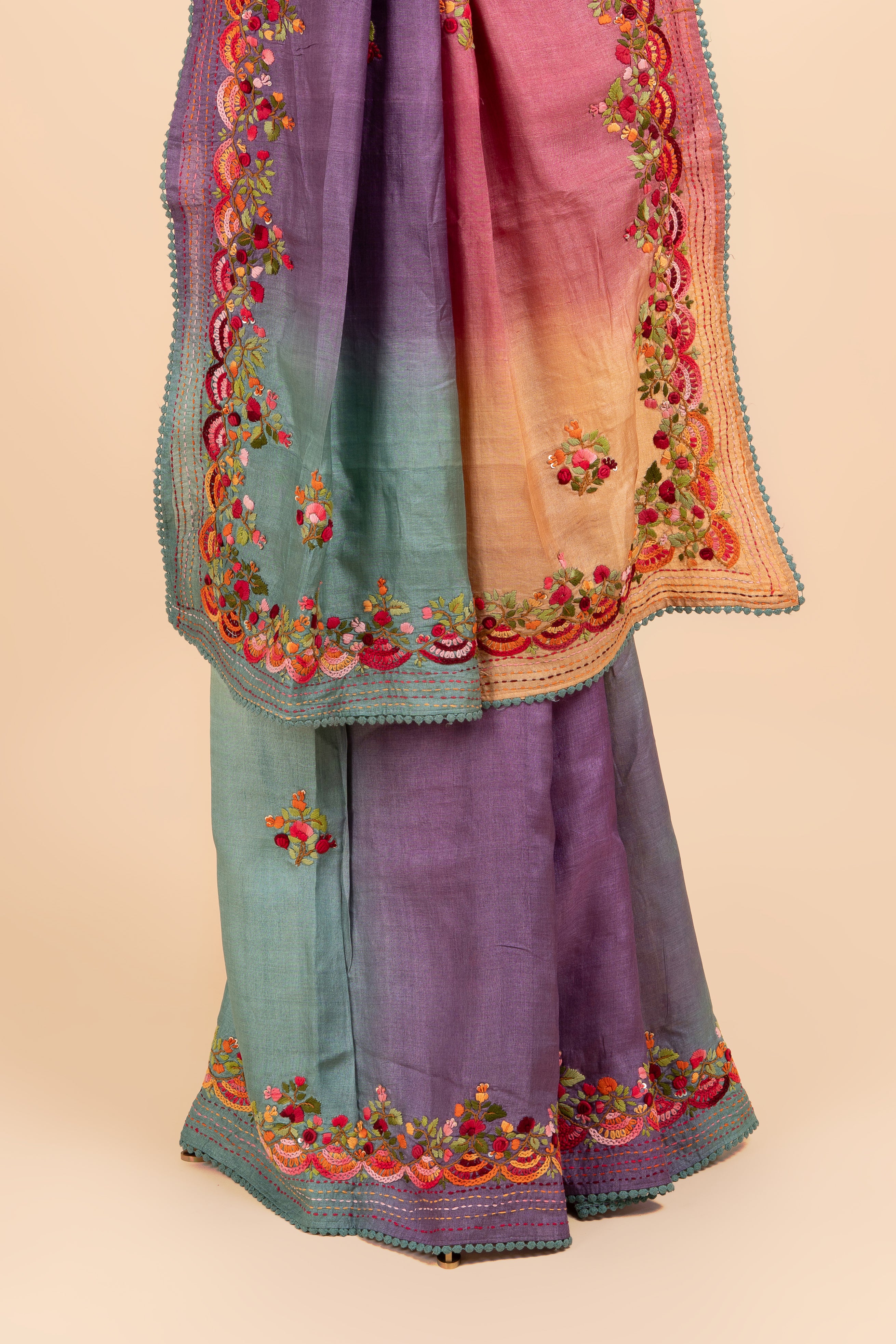 Shaded Tussar With Kantha Work Saree