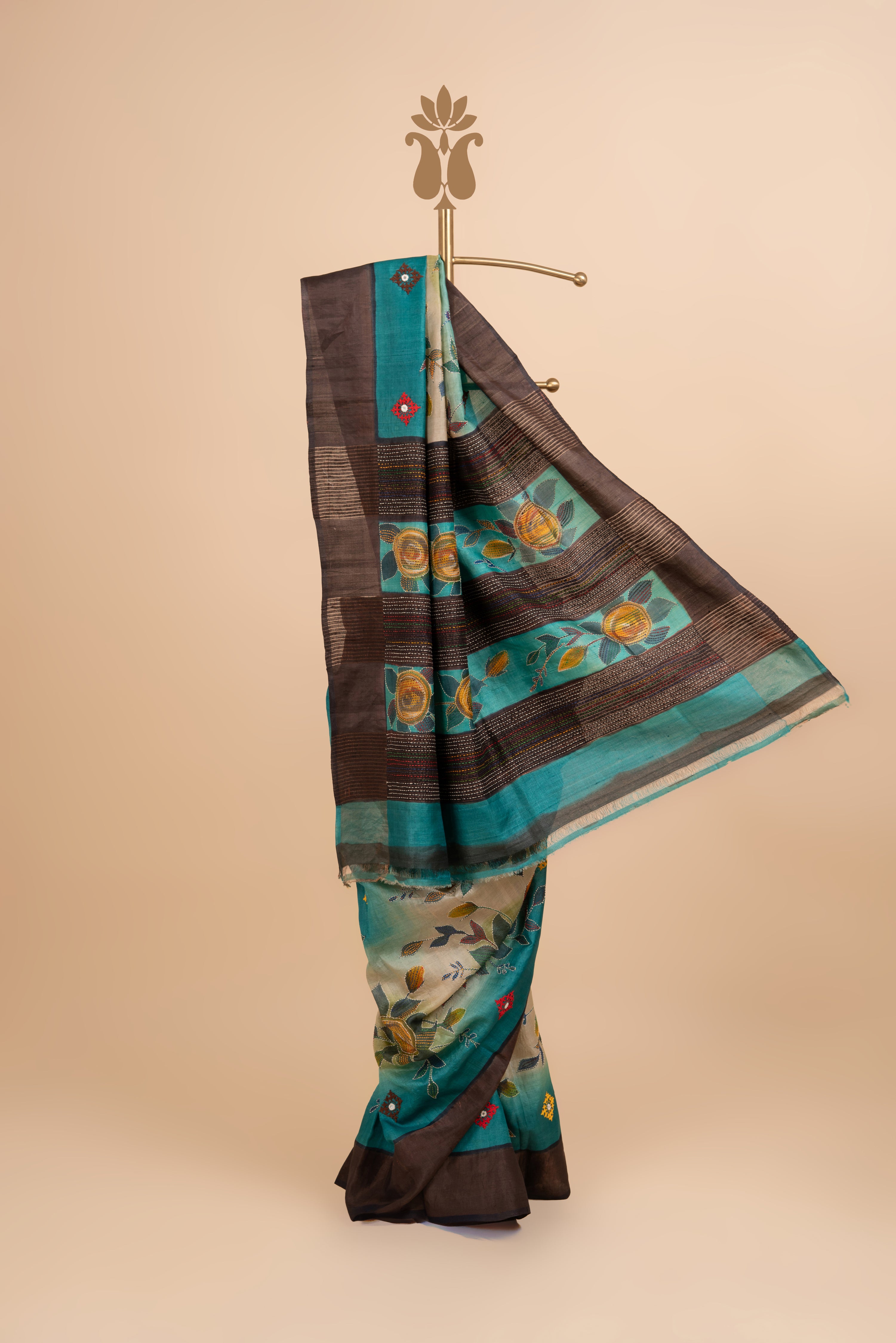Teal Colored Kantha And Kutch Work Saree