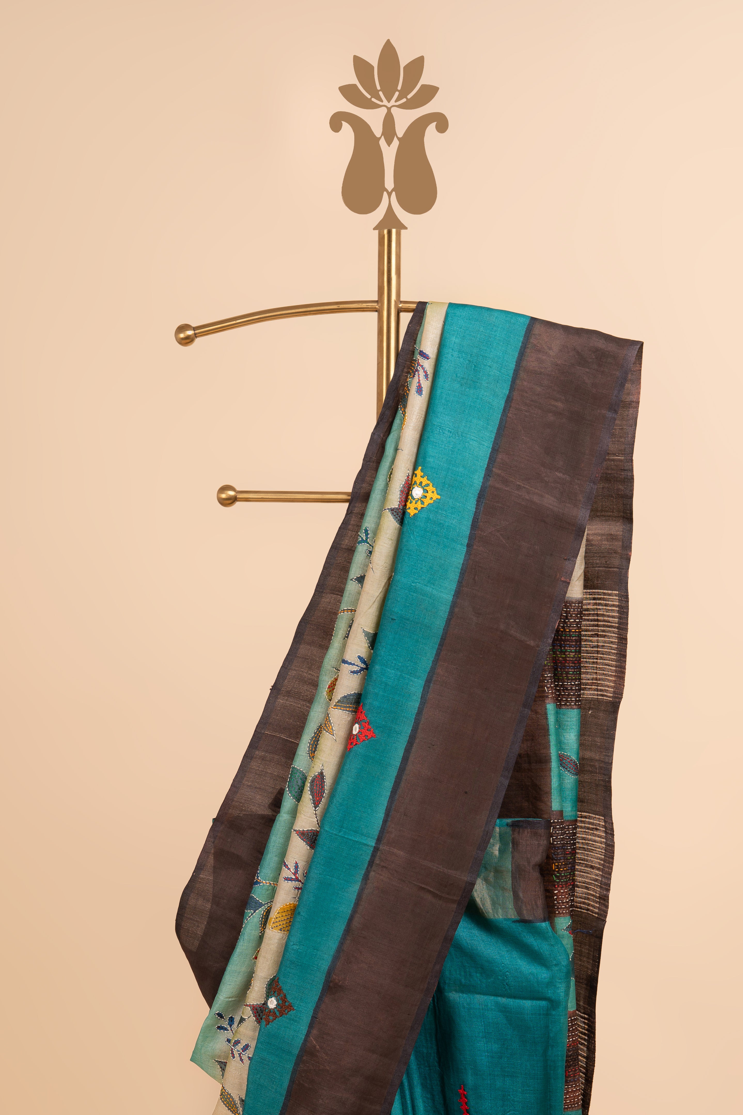 Teal Colored Kantha And Kutch Work Saree