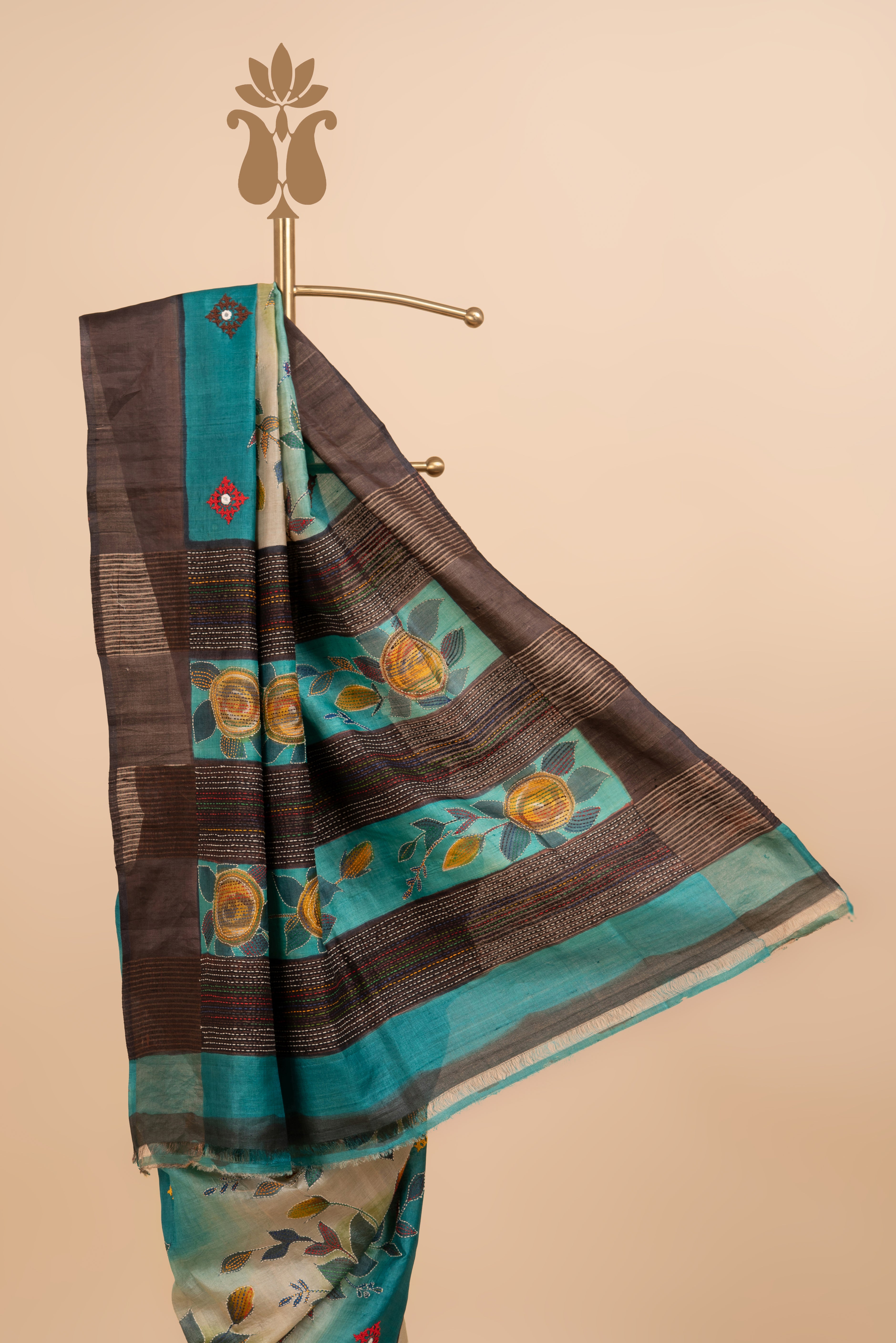 Teal Colored Kantha And Kutch Work Saree