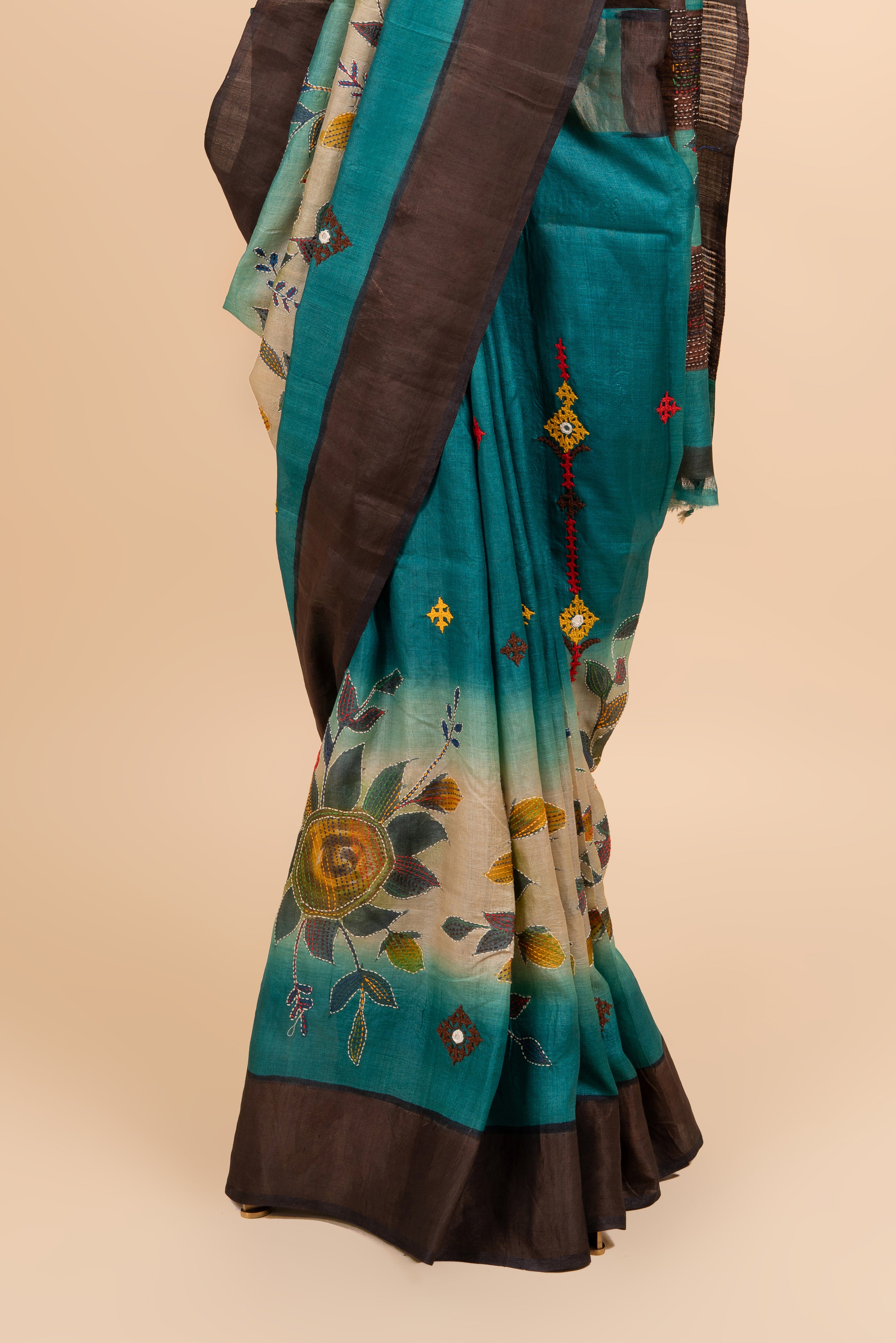 Teal Colored Kantha And Kutch Work Saree