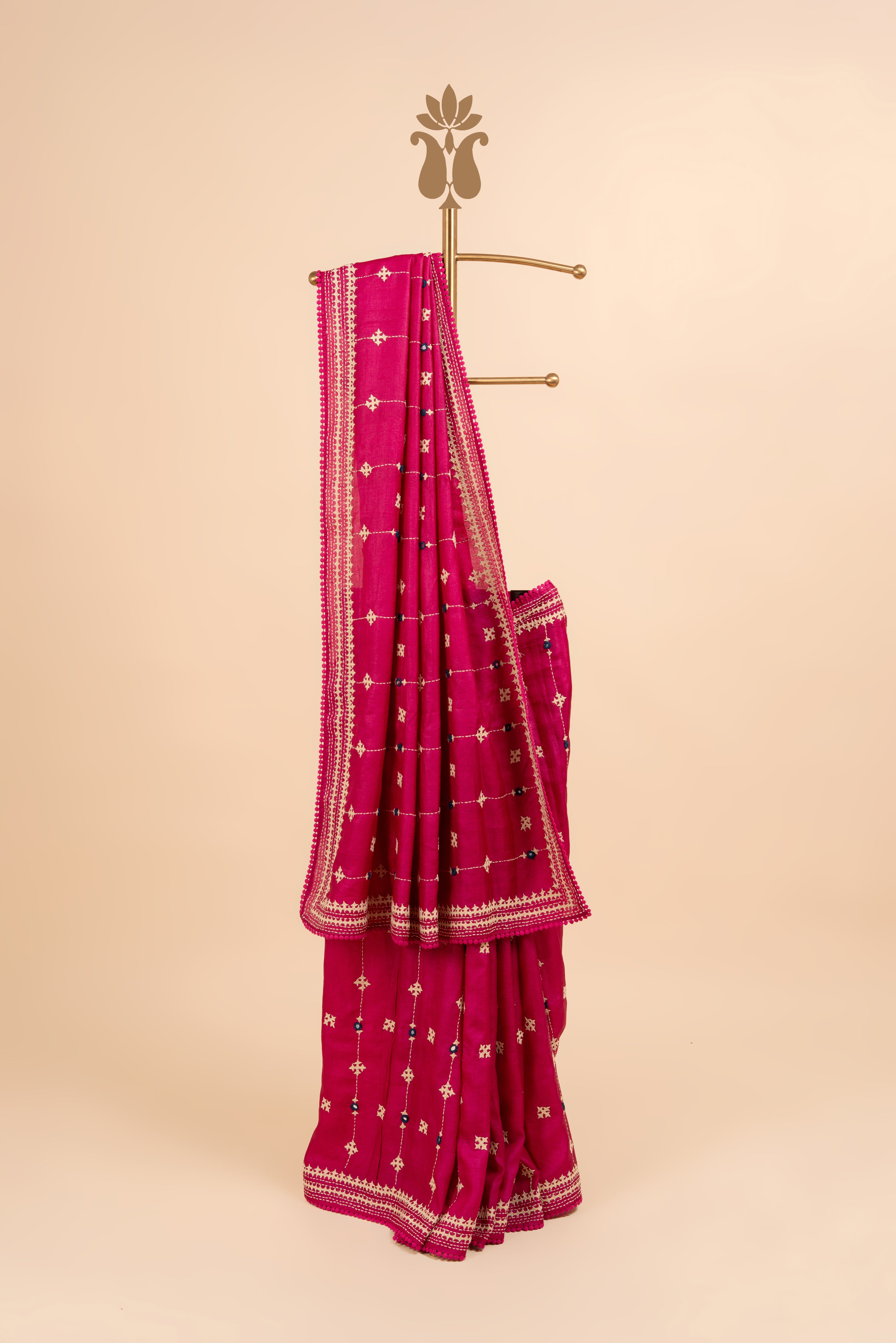 Traditional Pink Kantha Mirror Work Saree