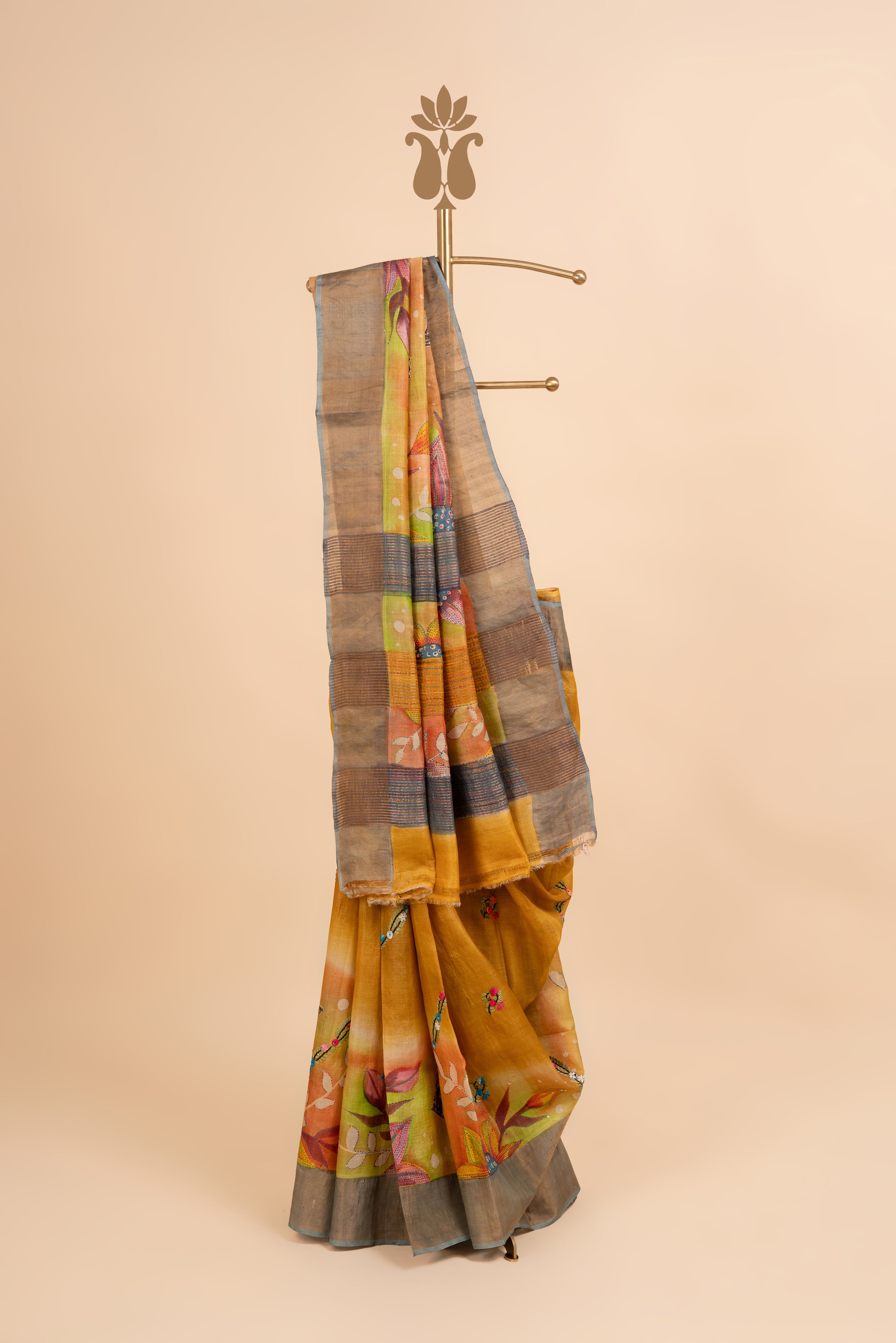 Tussar Kantha Embriodery With Earthy Tones Saree