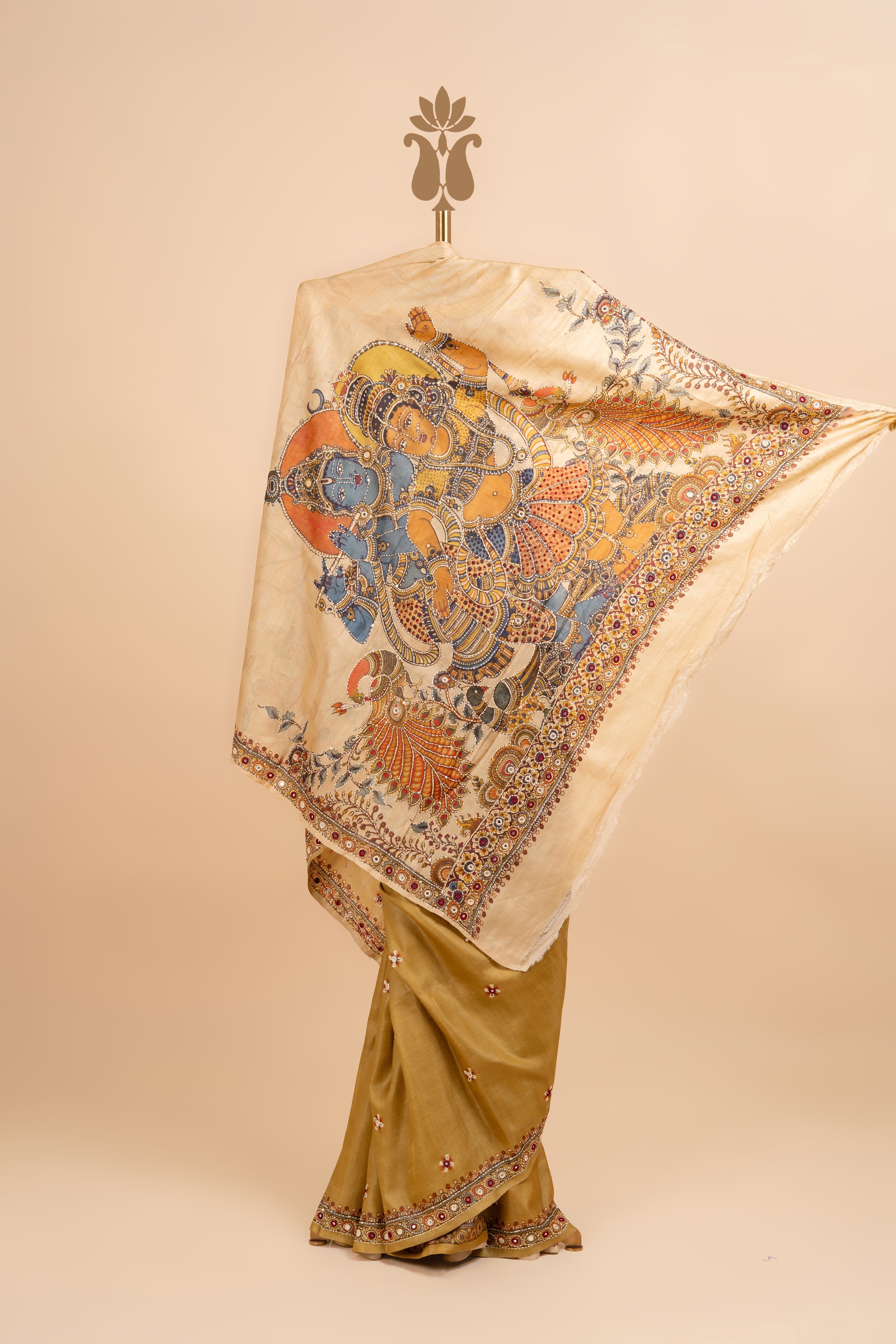 Olive Green Tussar Kantha Work Saree