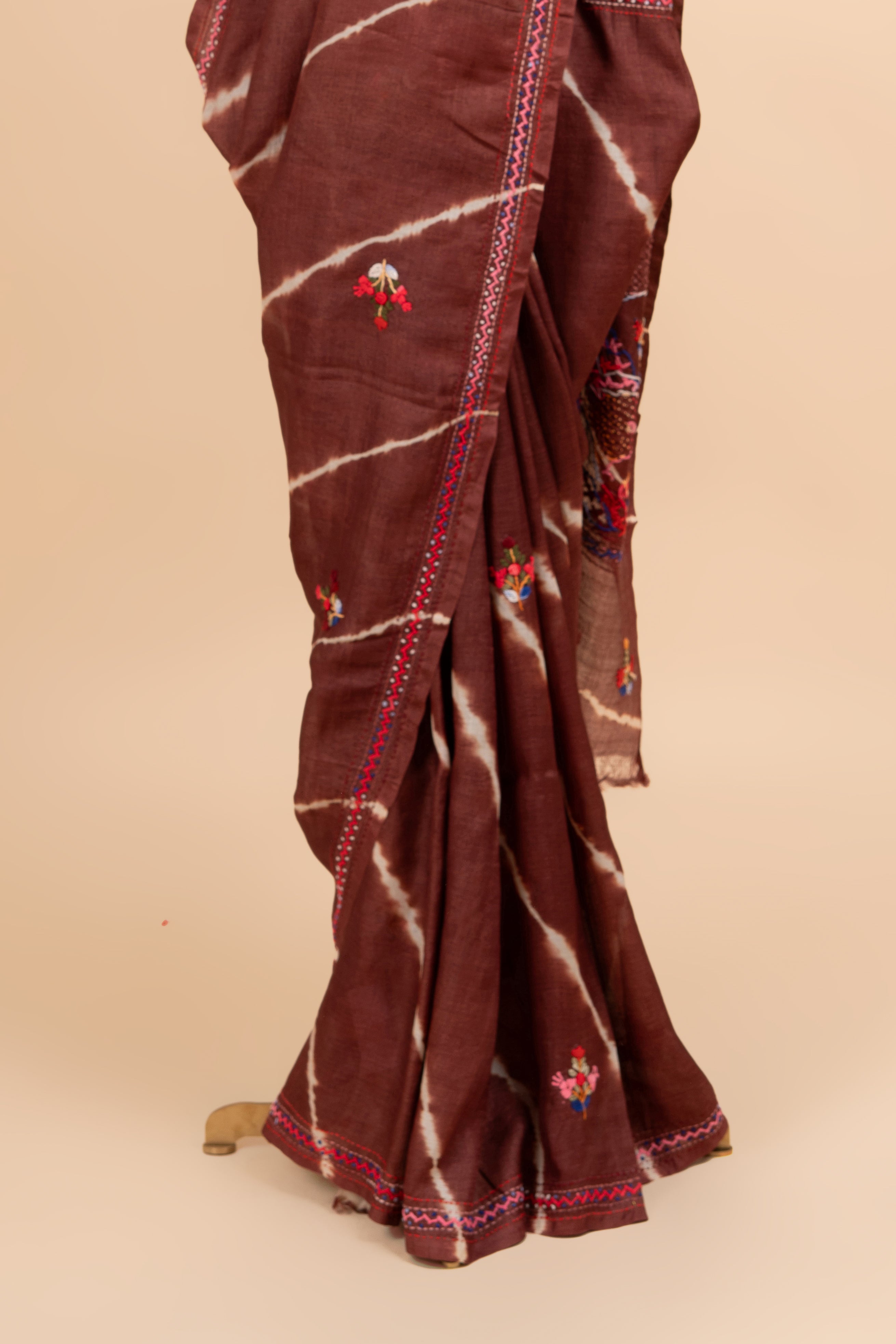 Artistic Luxe Brown Leheria Saree