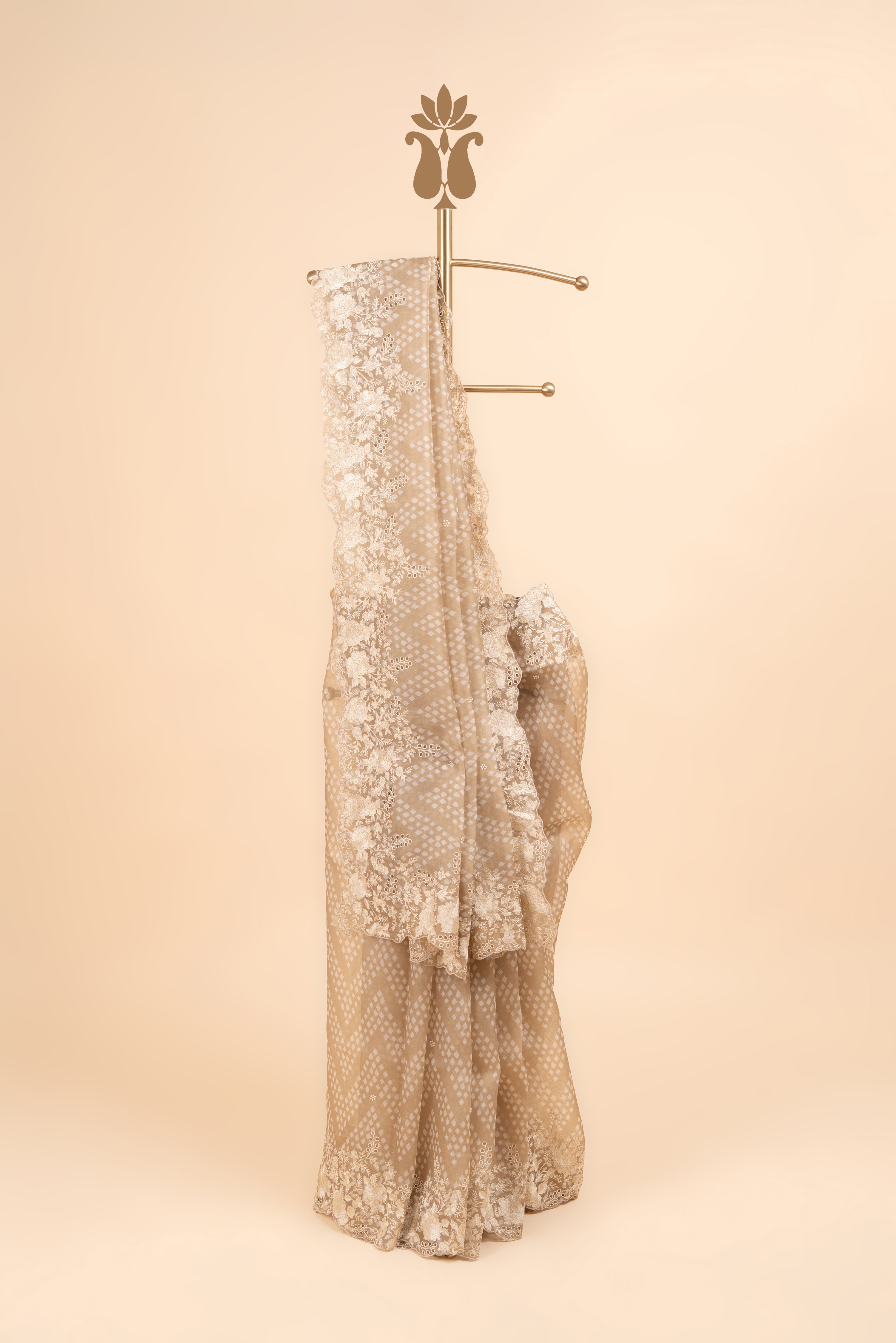 Beige Cutwork Organza Saree