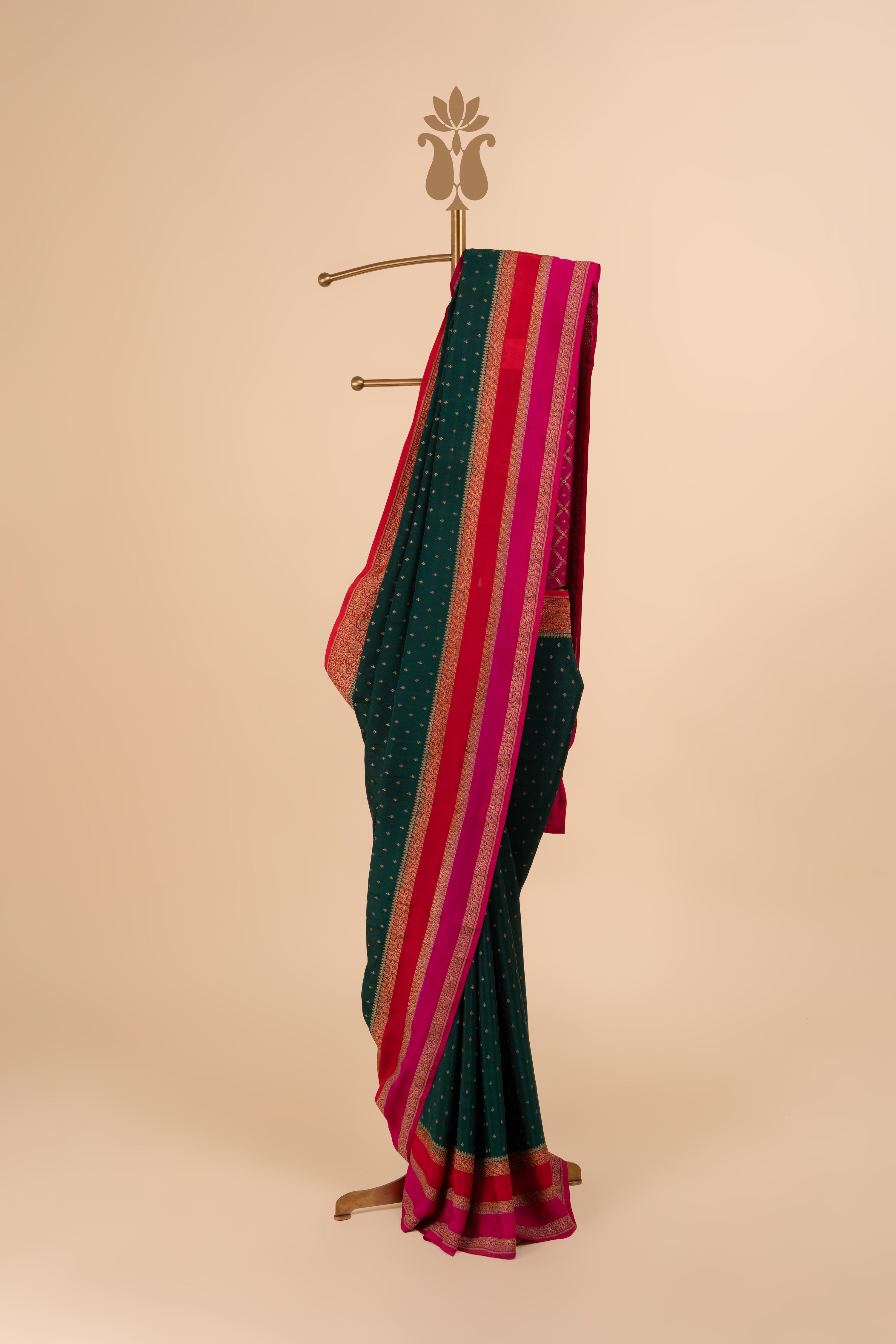 Bottle Green Colour Contrast Border Banarasi Crepe Saree