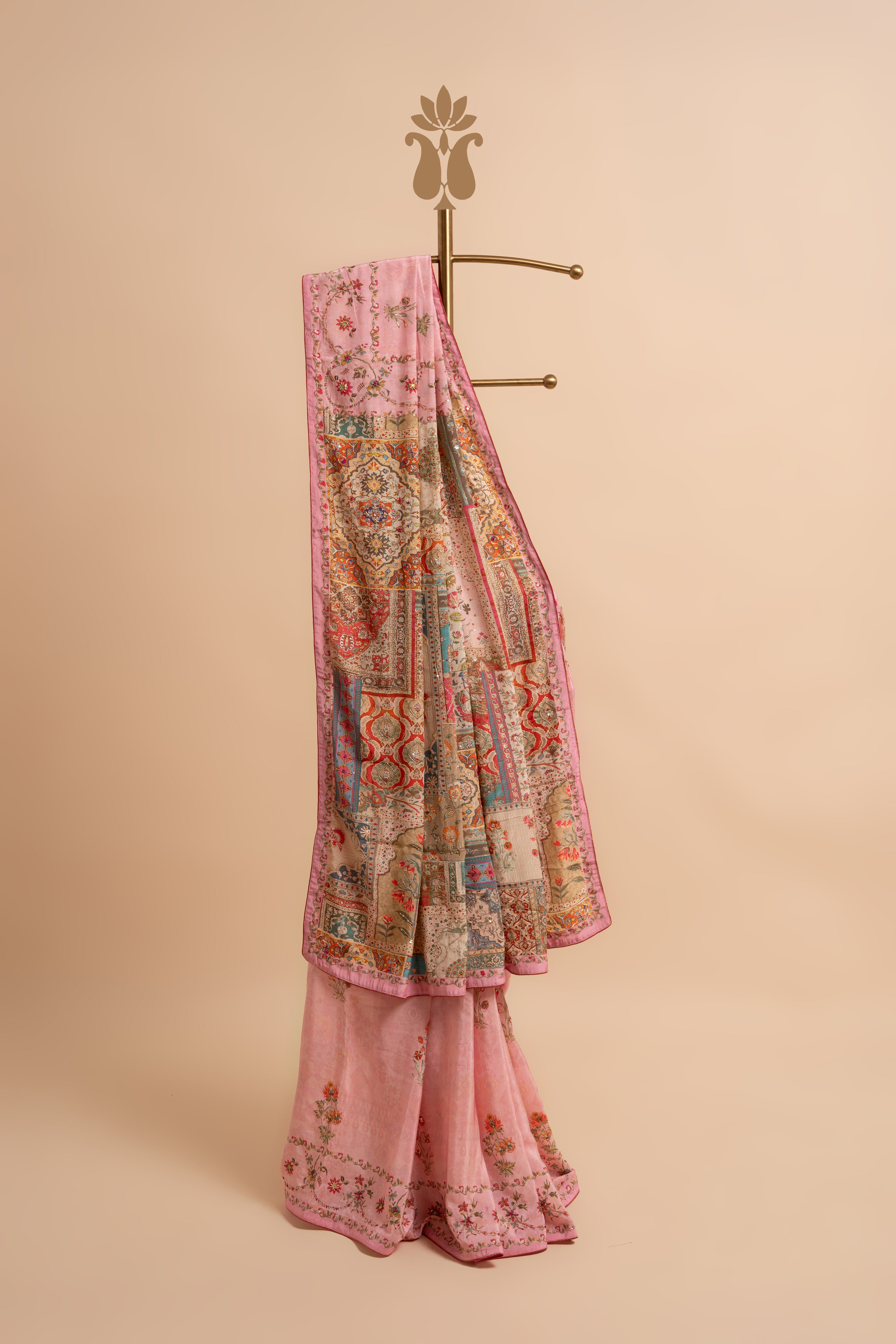 Baby Pink Digital Print Handwork Sari Saree