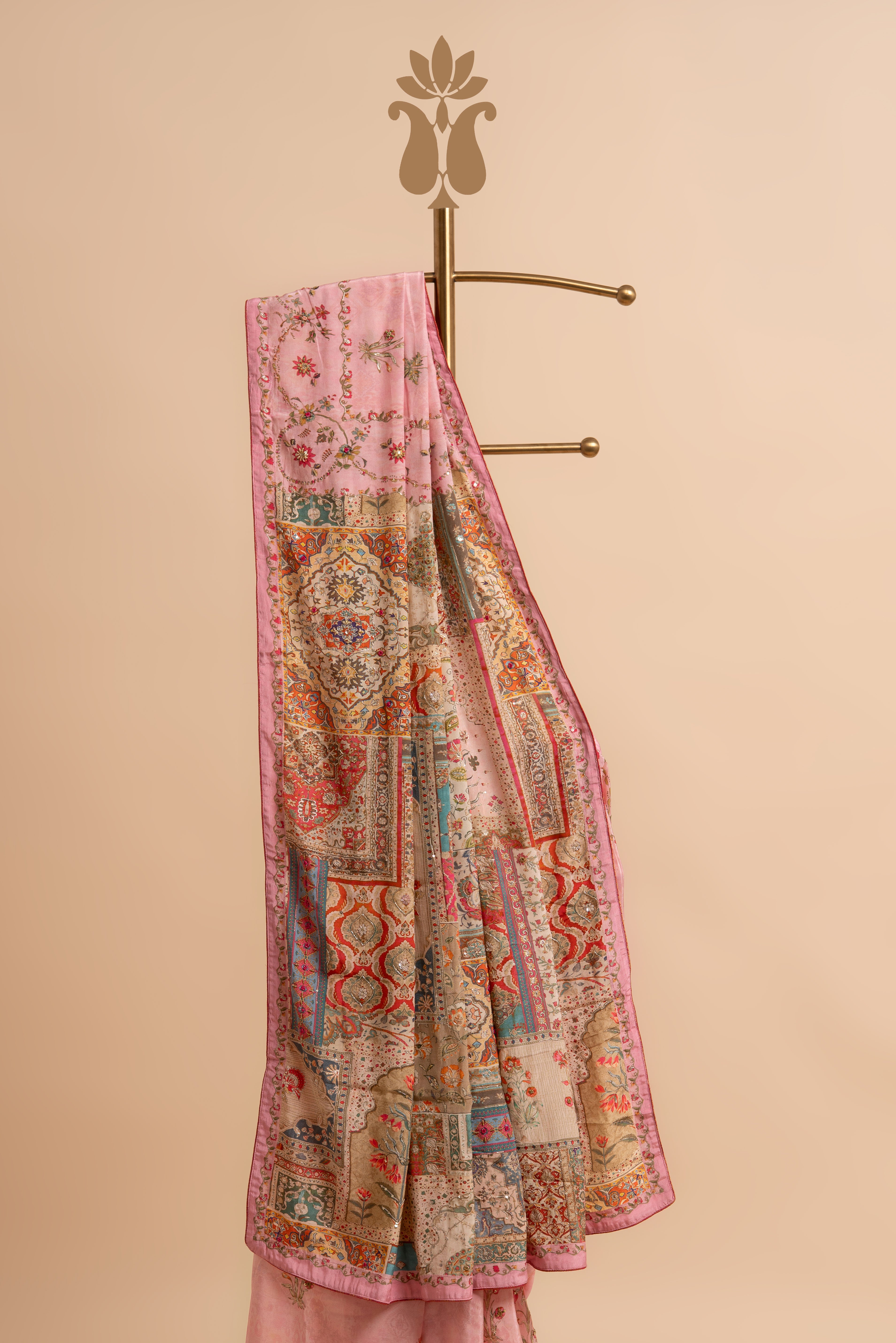 Baby Pink Digital Print Handwork Sari Saree