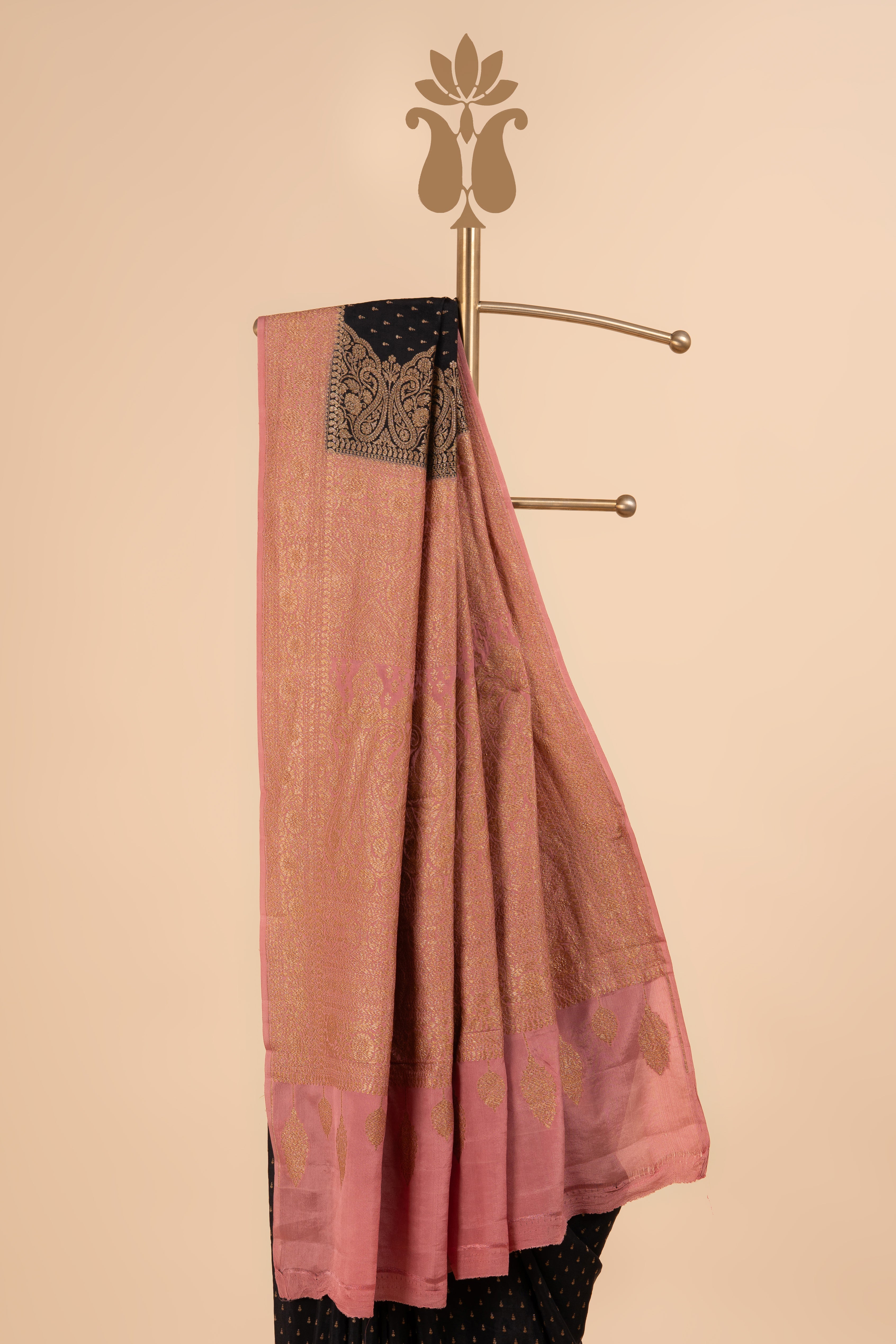 Black And Gajri Pink Contrast Border Banarasi Crepe Saree