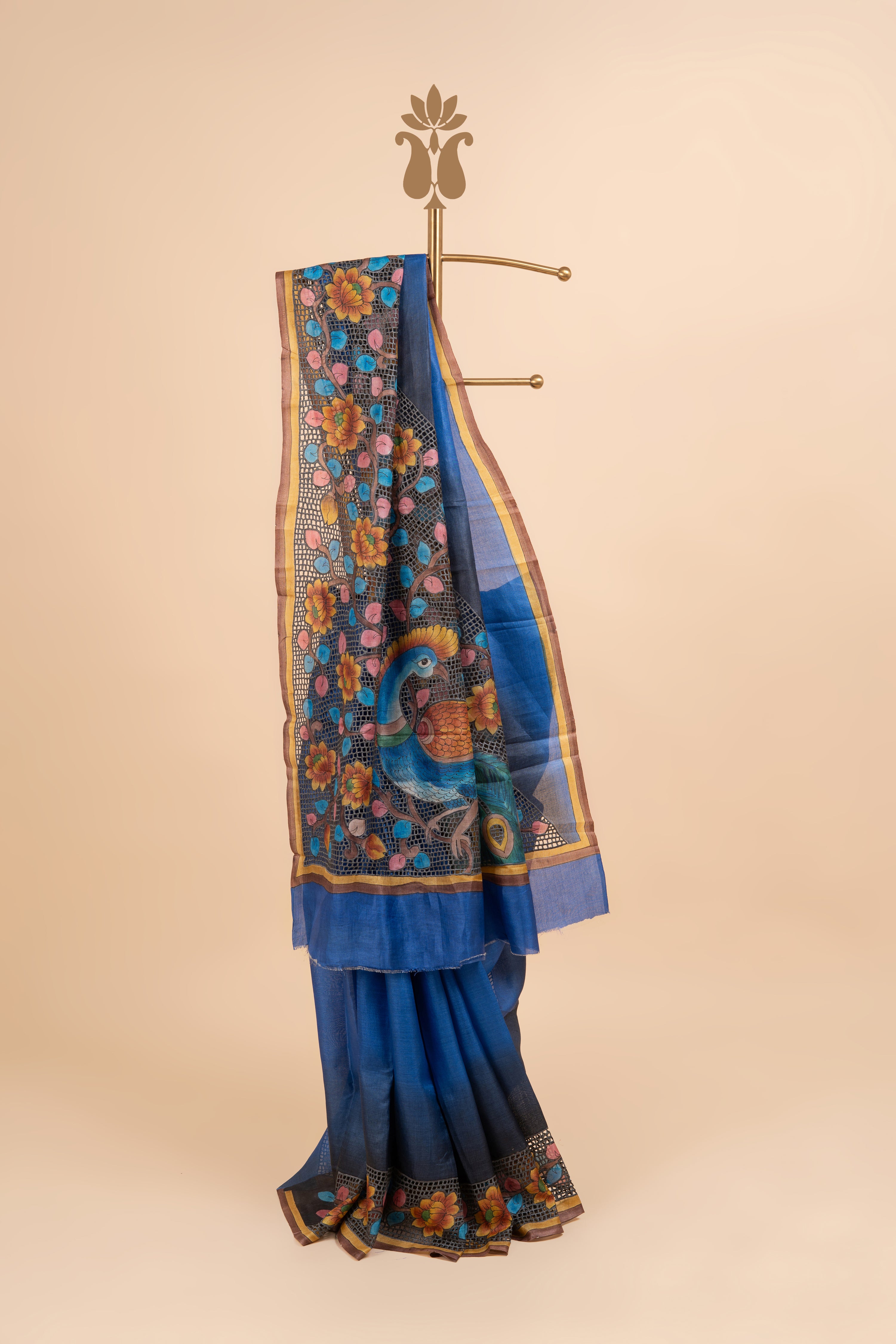 Contemporary Blue Grace Tussar Silk With Cut Work