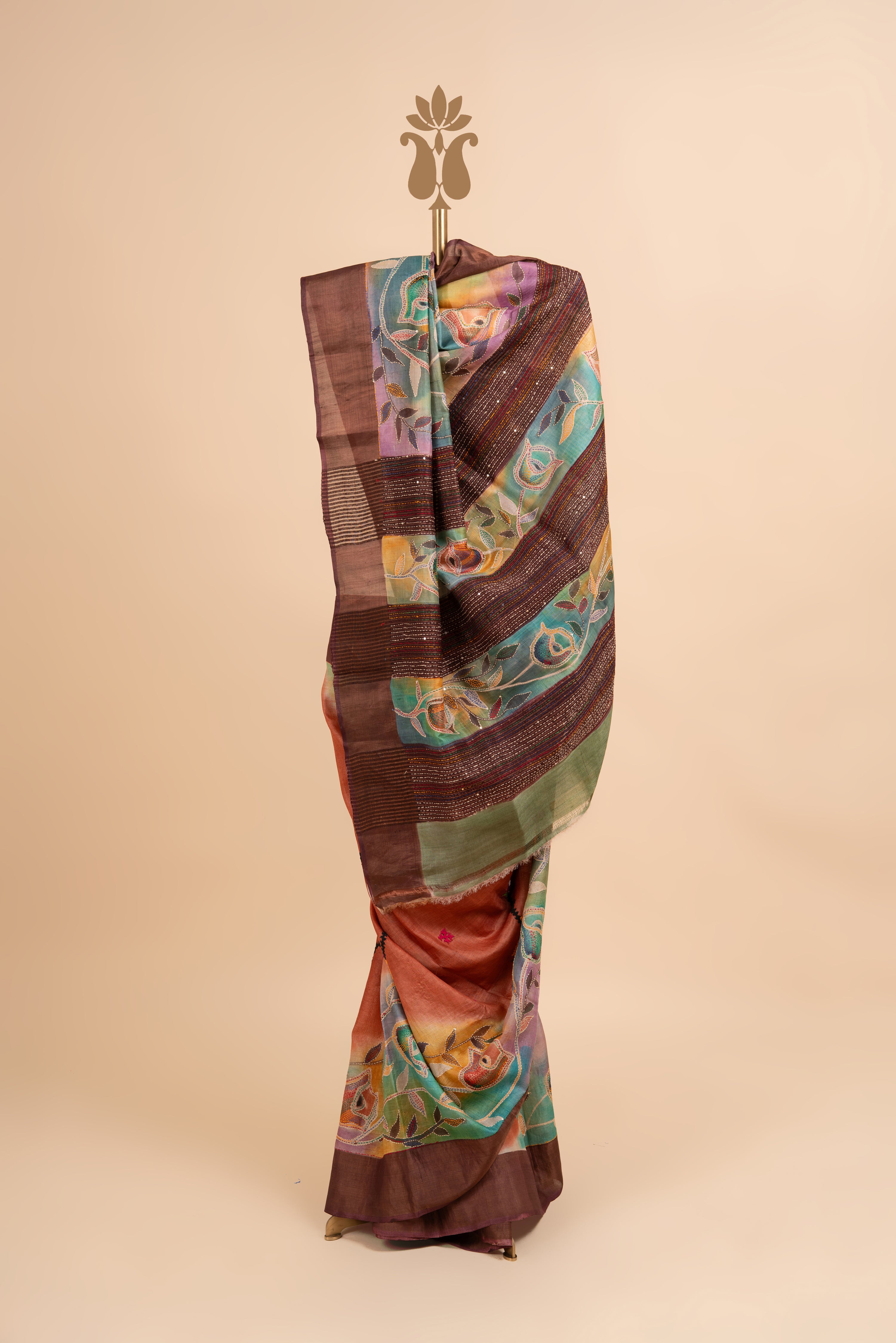 Contemporary Traditional Rust Color Kantha Work Saree