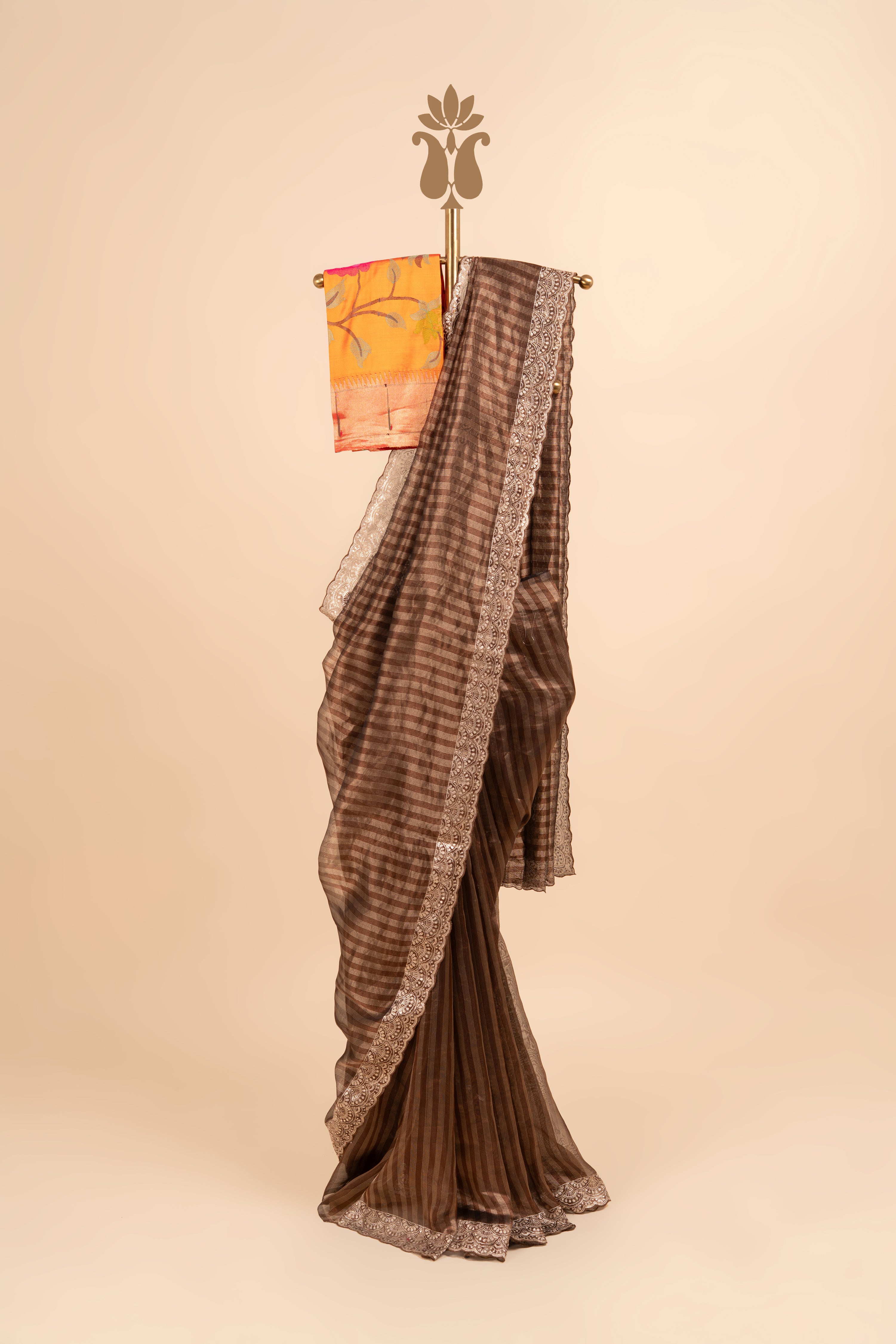 Brown Tissue Pitta Work Saree