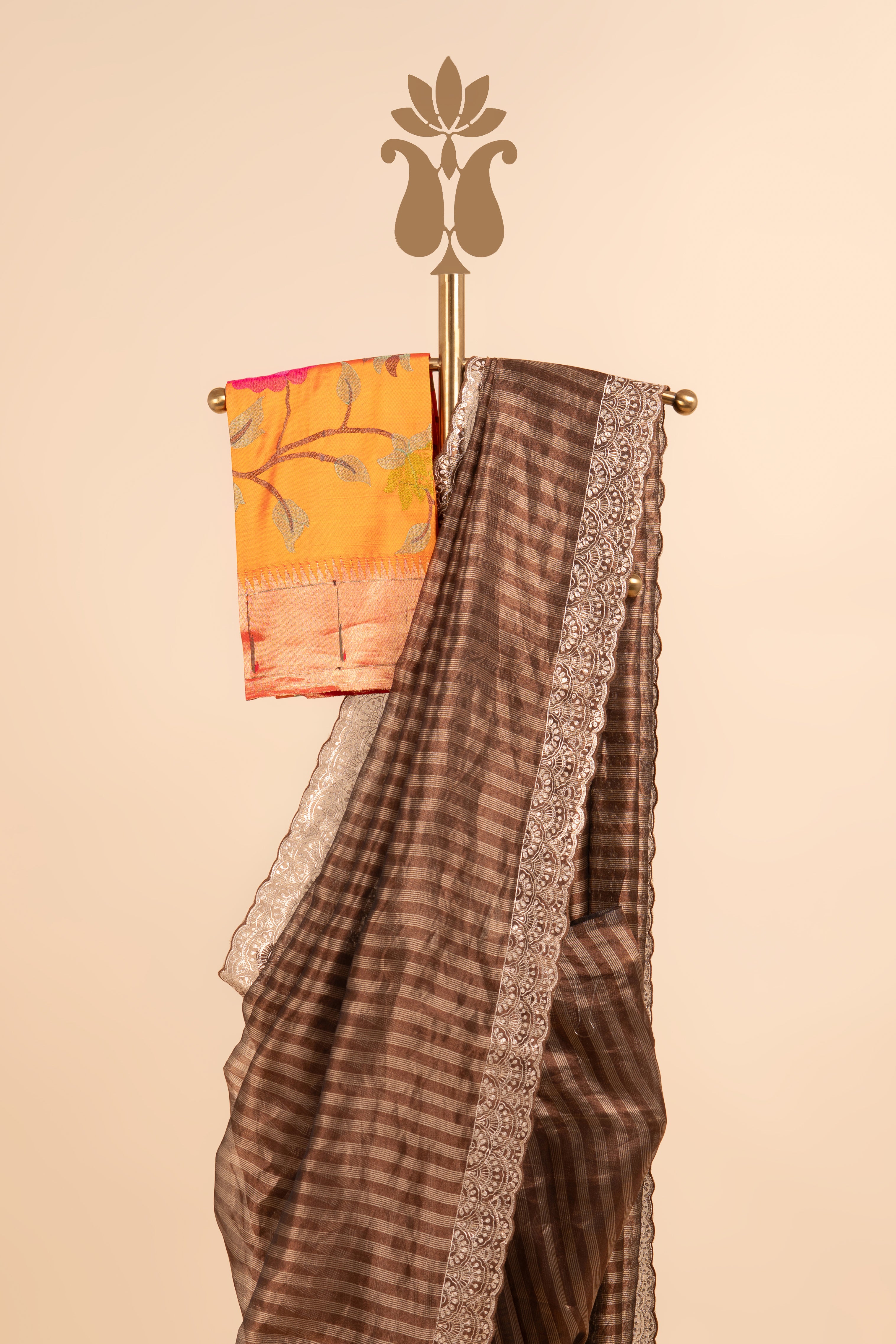 Brown Tissue Pitta Work Saree