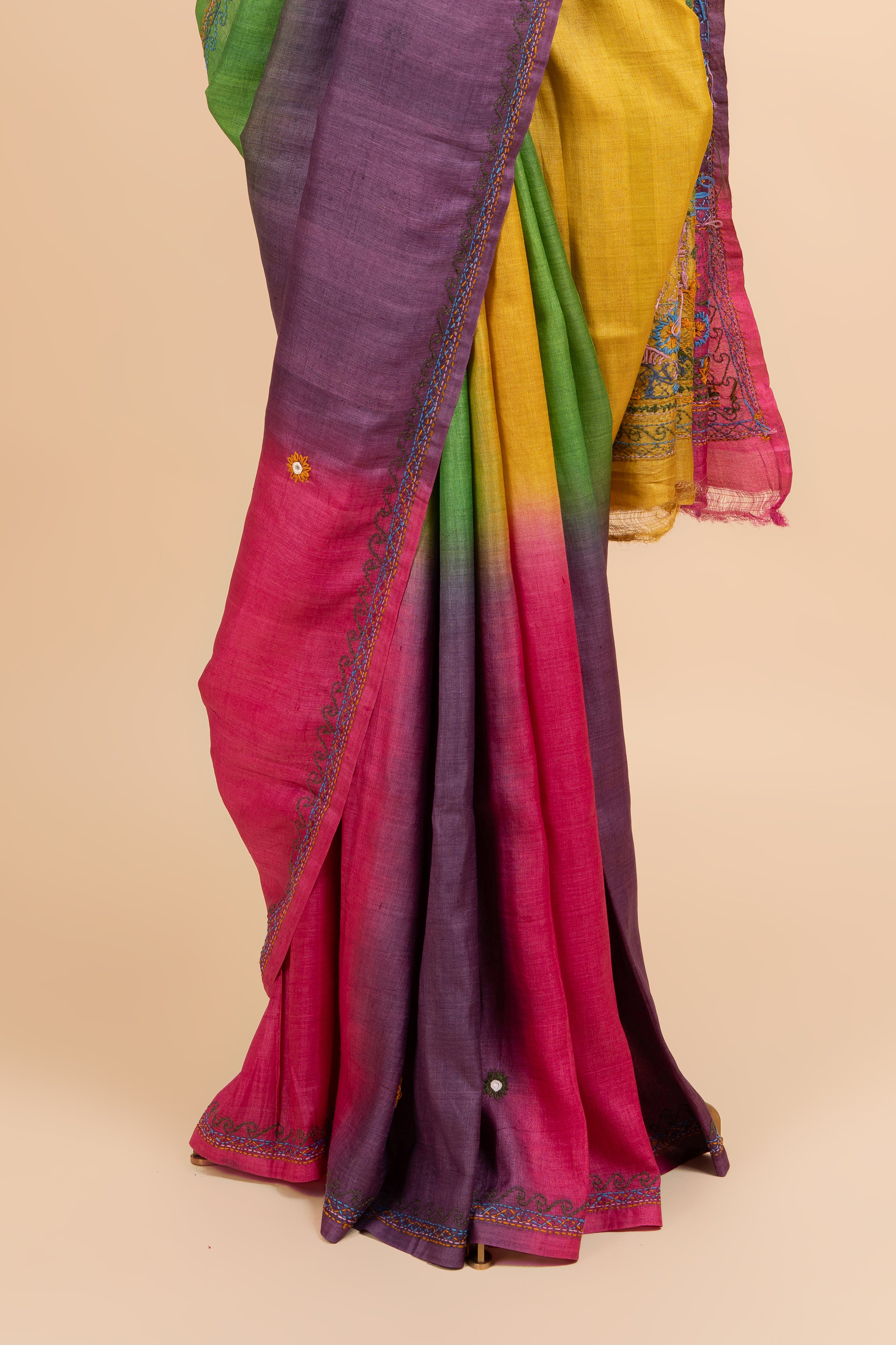 Shaded Tussar Kantha Work Saree