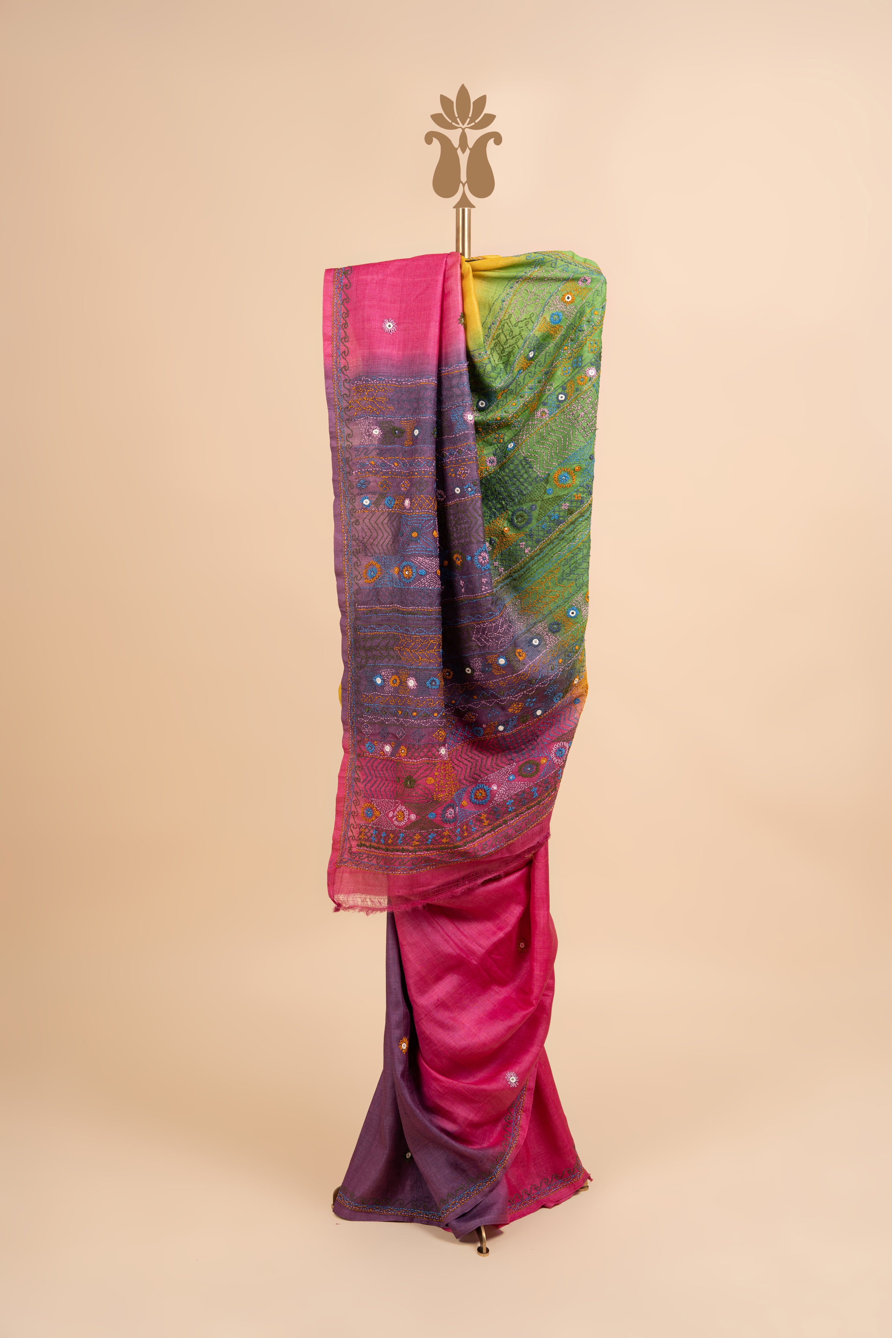 Shaded Tussar Kantha Work Saree