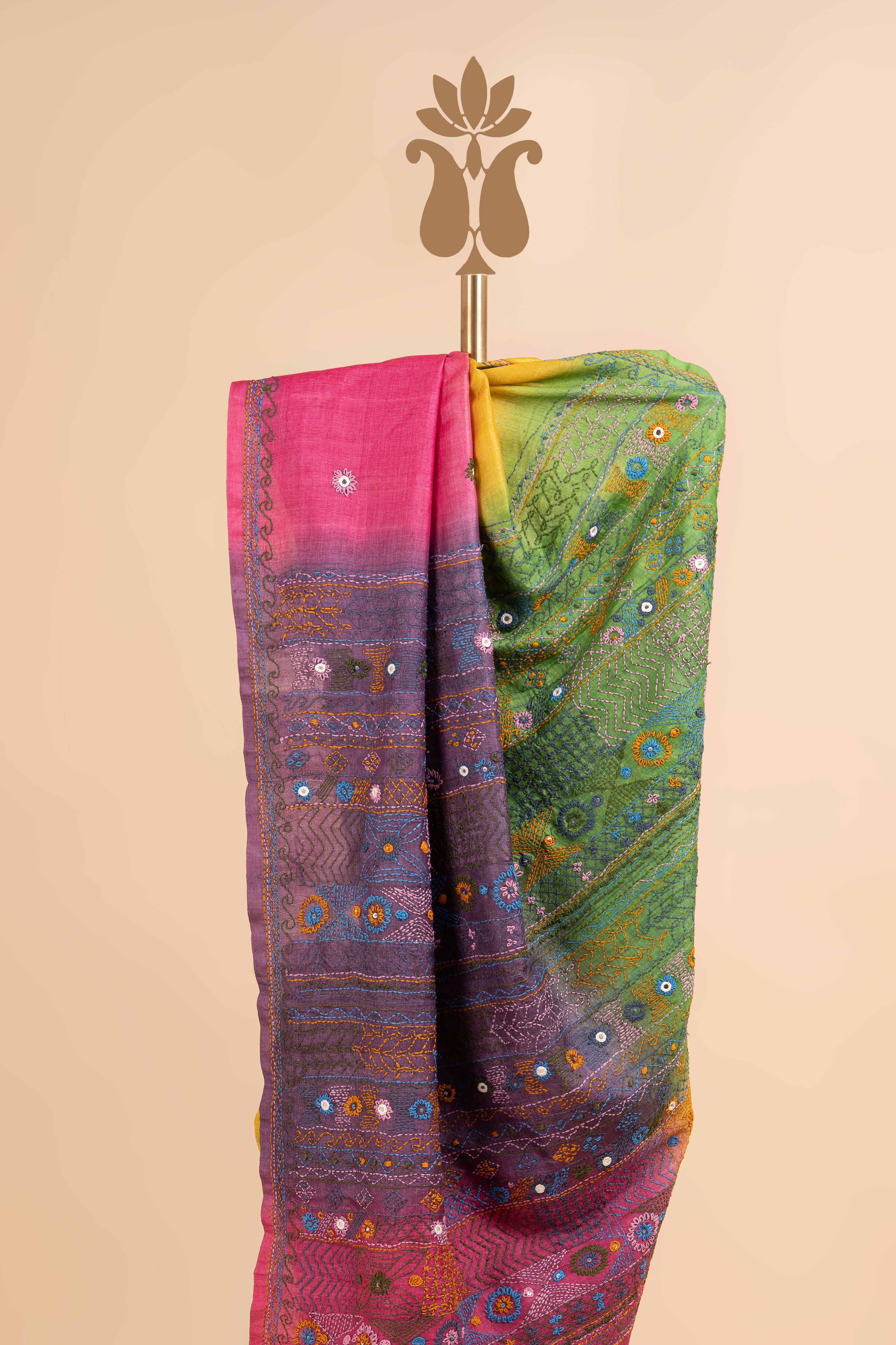 Shaded Tussar Kantha Work Saree